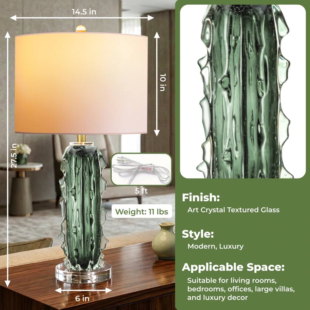 14.5 in  
10 in  
27.5 in  
5 ft  
6 in  

Finish: Art Crystal Textured Glass  
Weight: 11 lbs  

Style: Modern, Luxury  

Applicable Space: Suitable for living rooms, bedrooms, offices, large villas, and luxury decor