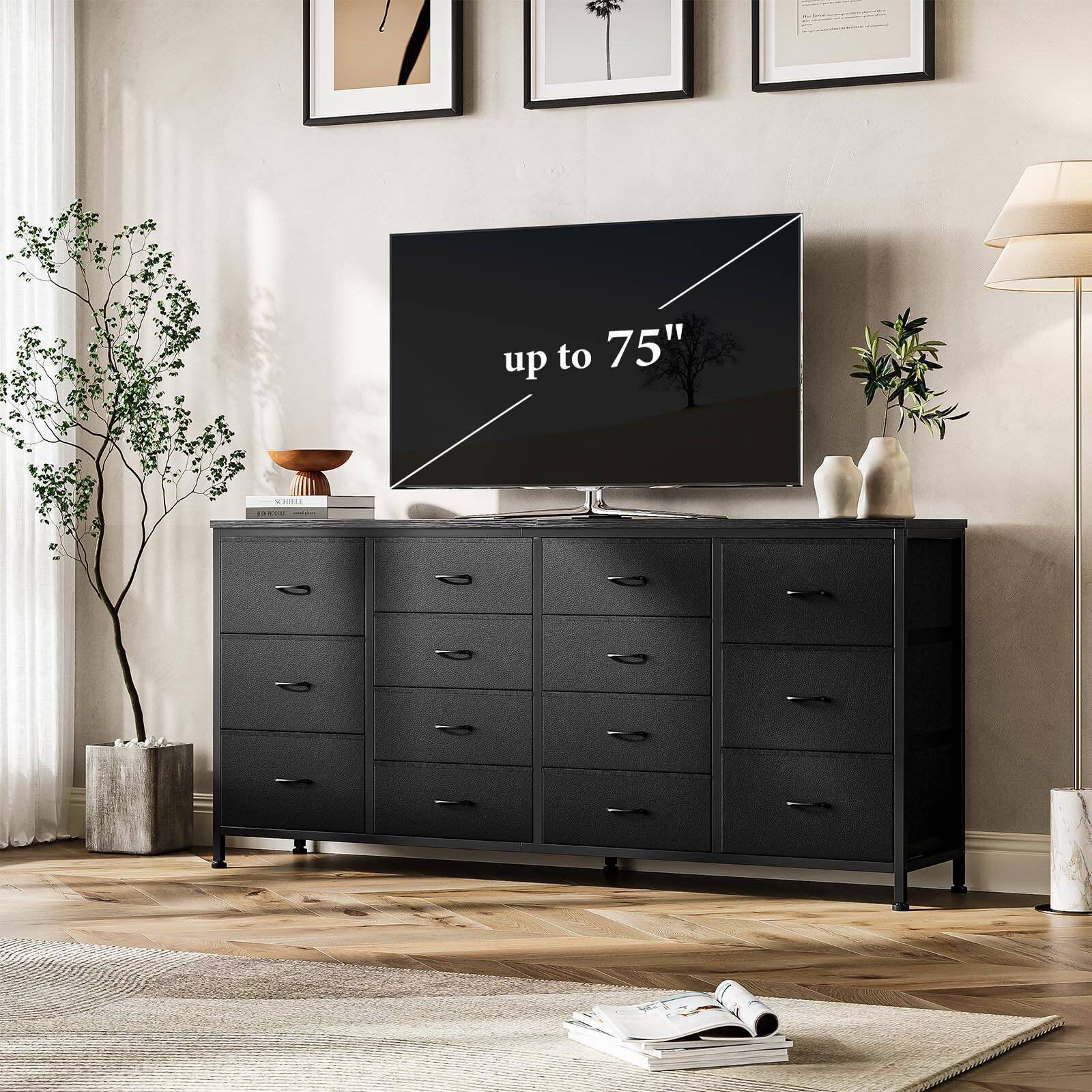 Left. GAOMON - GAOMON 63" W Dresser TV Stand for 65/70/75 Inch TV, 14 Drawer Entertainment Center with Power Outlets for Living Room - Black.