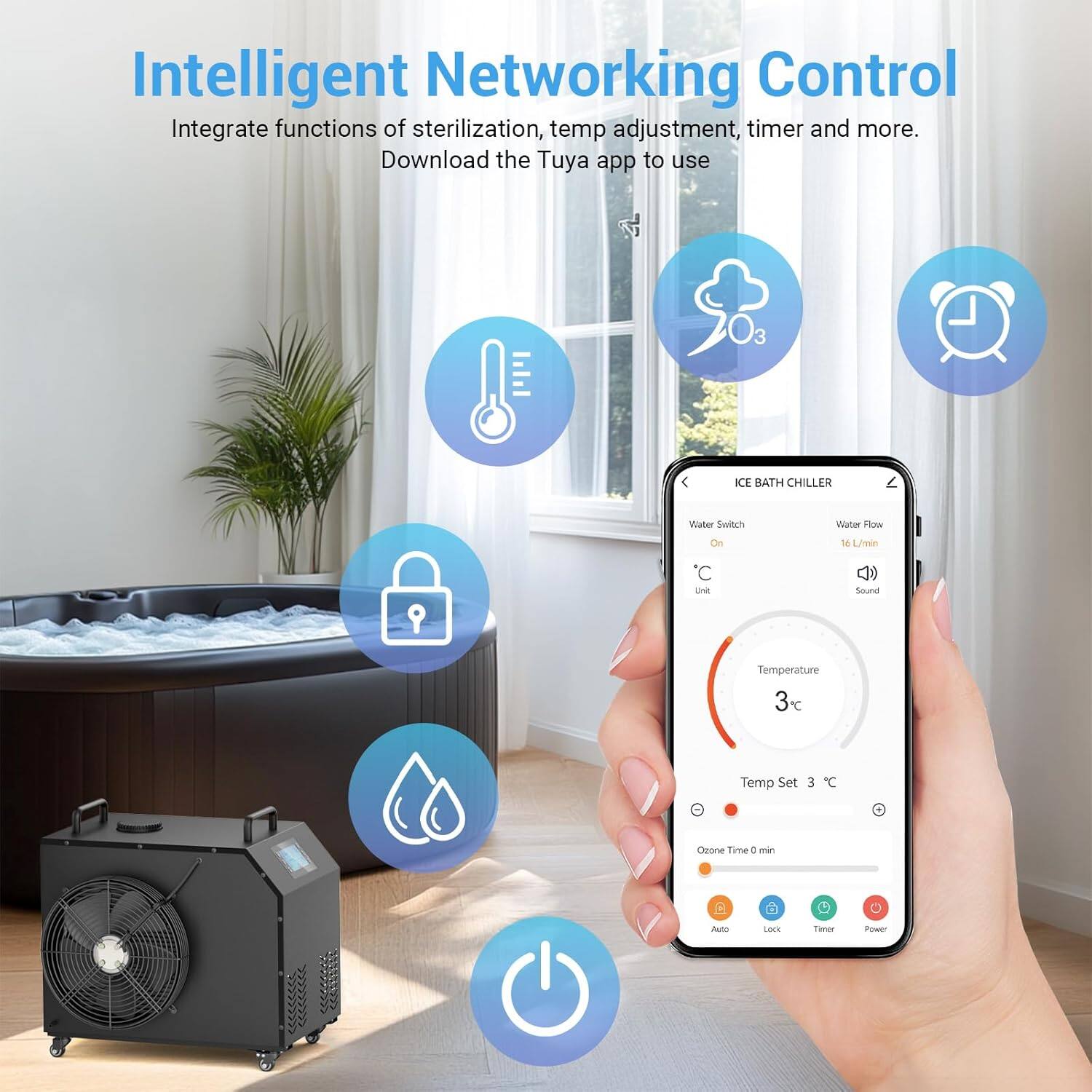 Intelligent Networking Control  
Integrate functions of sterilization, temp adjustment, timer and more.  
Download the Tuya app to use  

ICE BATH CHILLER  
Water Switch: On  
Water Flow: 16 L/min  
Temperature: 3°C  
Temp Set: 3°C  
Ozone Time: 0 min  
Auto, Lock, Timer, Power