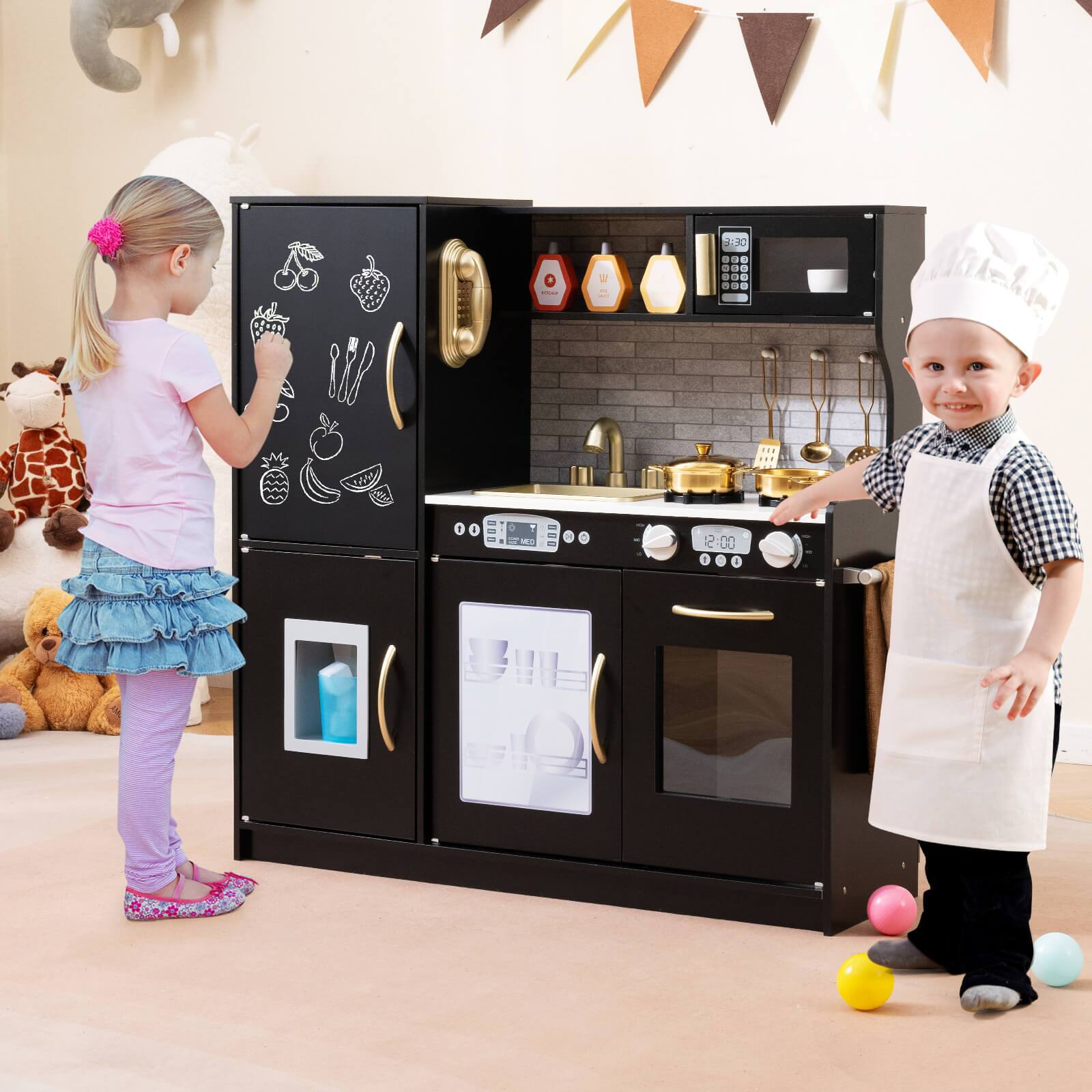 Alt View 1. Costway - Costway Kid's Pretend Play Kitchen Toddler Kitchen Playset with Blackboard - Black.