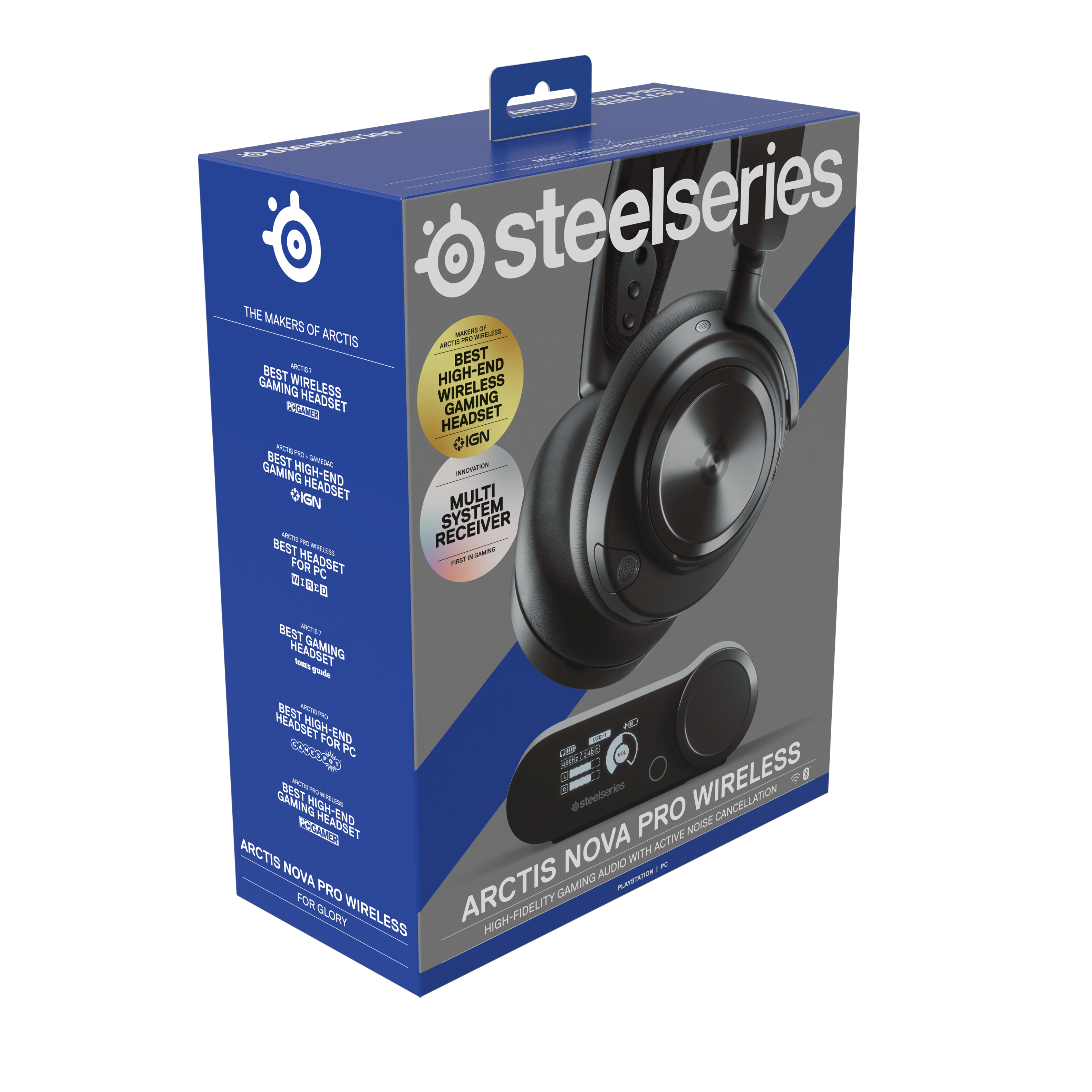Steelseries is the maker of the Arctis Pro Wireless Headset, which is designed for high-end gaming. The headset features a multi-receiver system and is considered the best gaming headset for PC. It comes with a Nova Active noise cancellation technology, providing high-fidelity audio and wireless connectivity. The headset is packaged in a blue box, making it an attractive and functional gaming accessory.