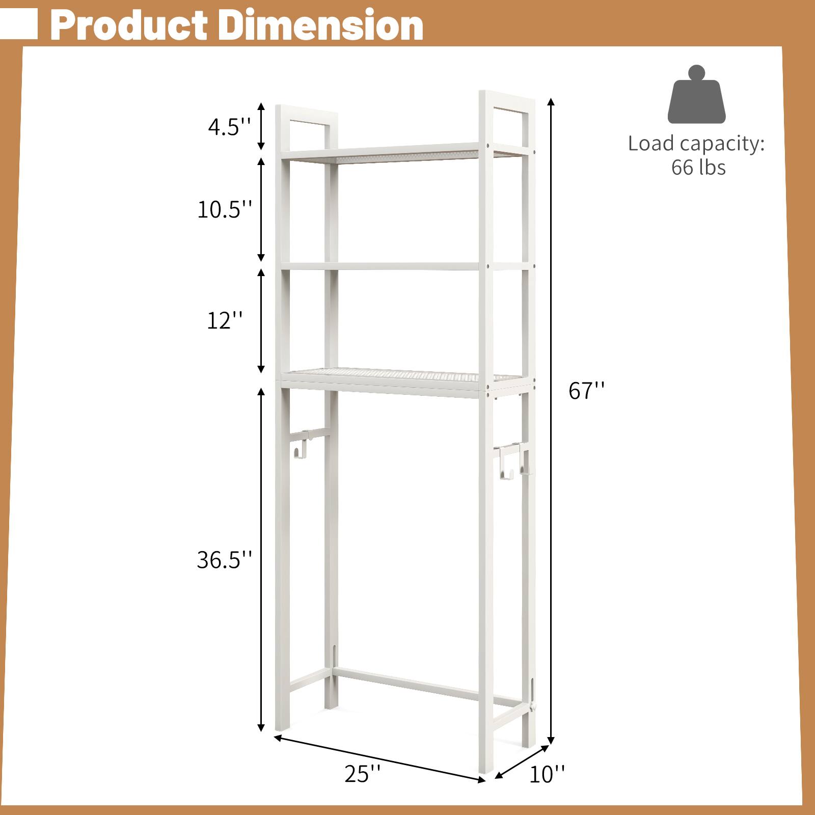 Product Dimension: 4.5" x 10.5" x 12" x 36.5" x 25" x 10"  
Load capacity: 66 lbs