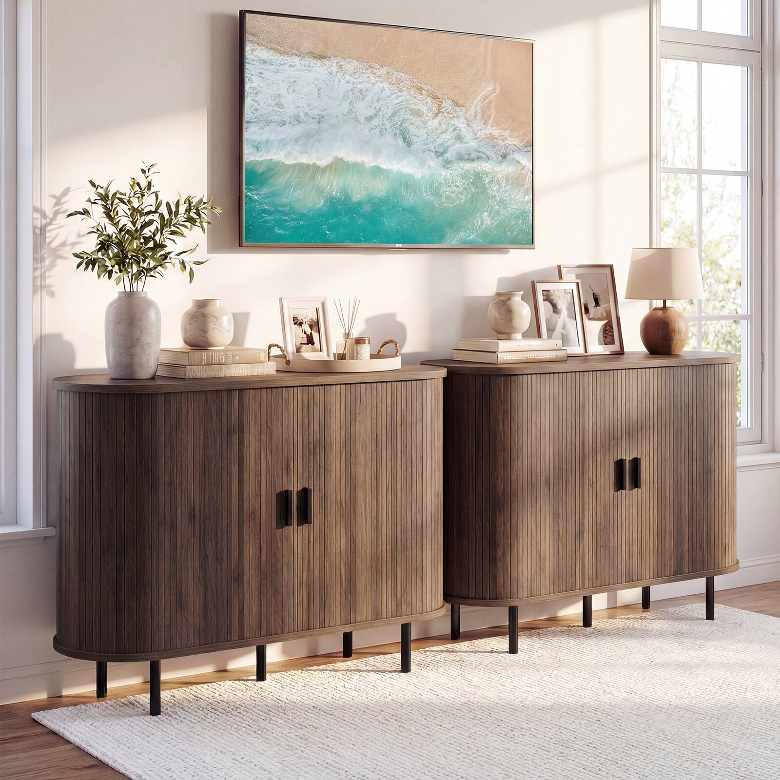 Alt View 5. Costway - Costway 47" Fluted Sideboard Buffet Cabinet Coffee Bar Console Table with Metal Legs - Brown.