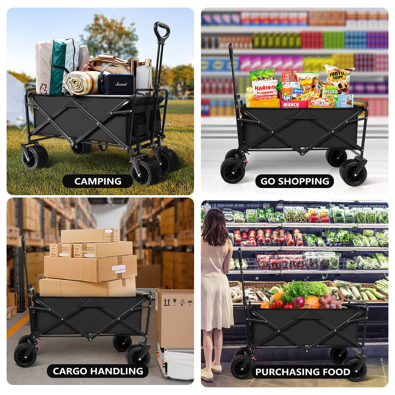 The text on the image is grouped as follows:

1. Camping:
- Turtle S pOI  CHIPS
- KARIBO Promavera KNOP picola AN CAOP
2. Shopping:
- MUNCH
3. Cargo Handling:
- CARGO HANDLING
4. Purchasing Food:
- PURCHASING FOOD