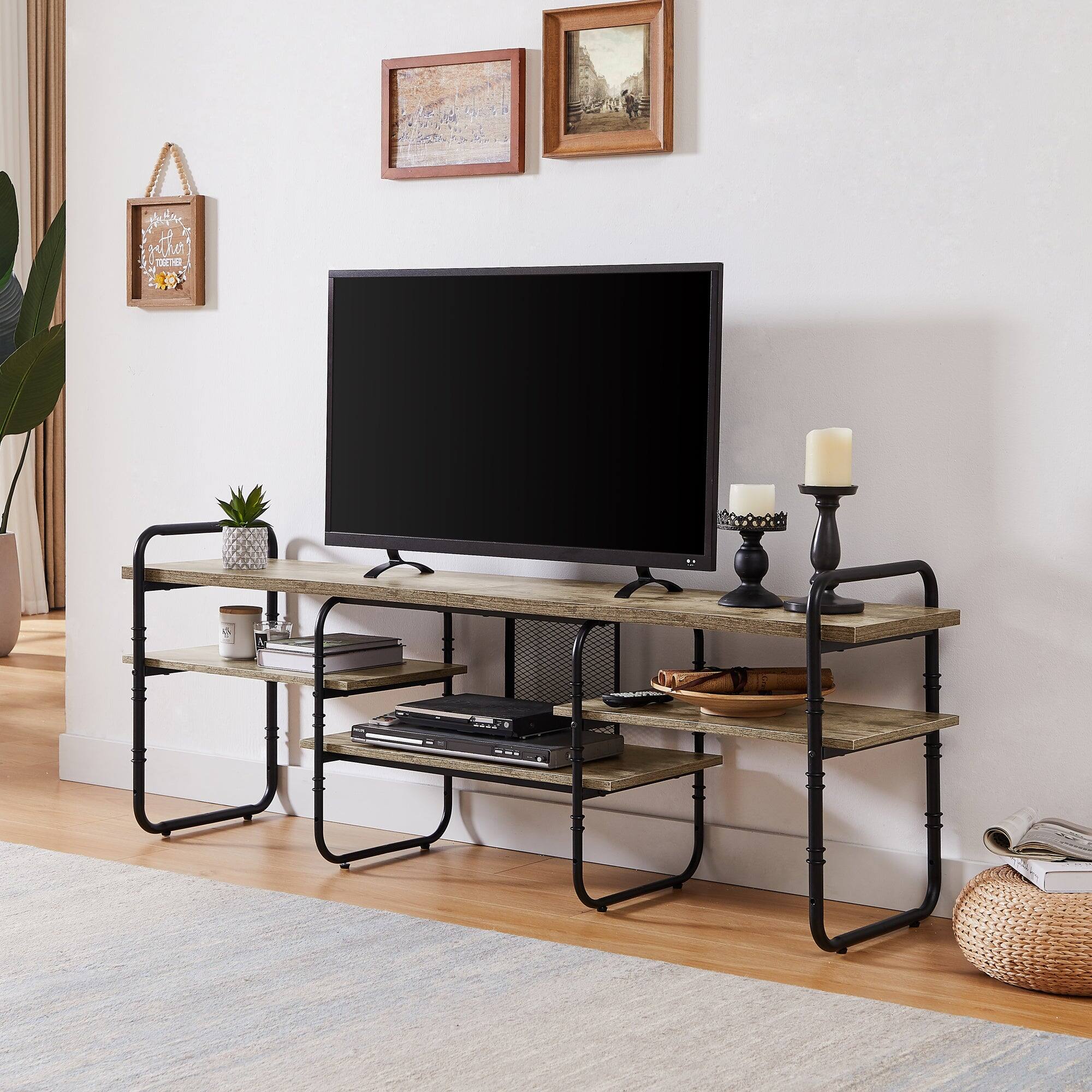 Alt View 1. Vecelo - 63" Industrial TV  Stand with Adjustable Shelves - Heavy Duty Metal Frame, 55lb Shelf Capacity,Brown - Grey.