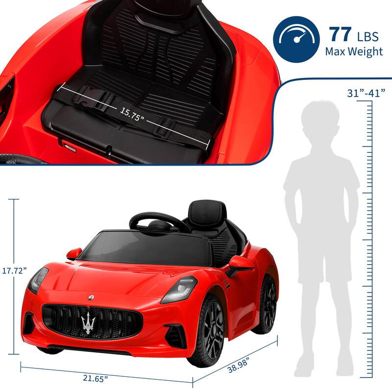 77 LBS Max Weight

15.75" (width of the trunk)

31" - 41" (height range for the child)

17.72" (height of the car)

21.65" (width of the car)

38.98" (length of the car)
