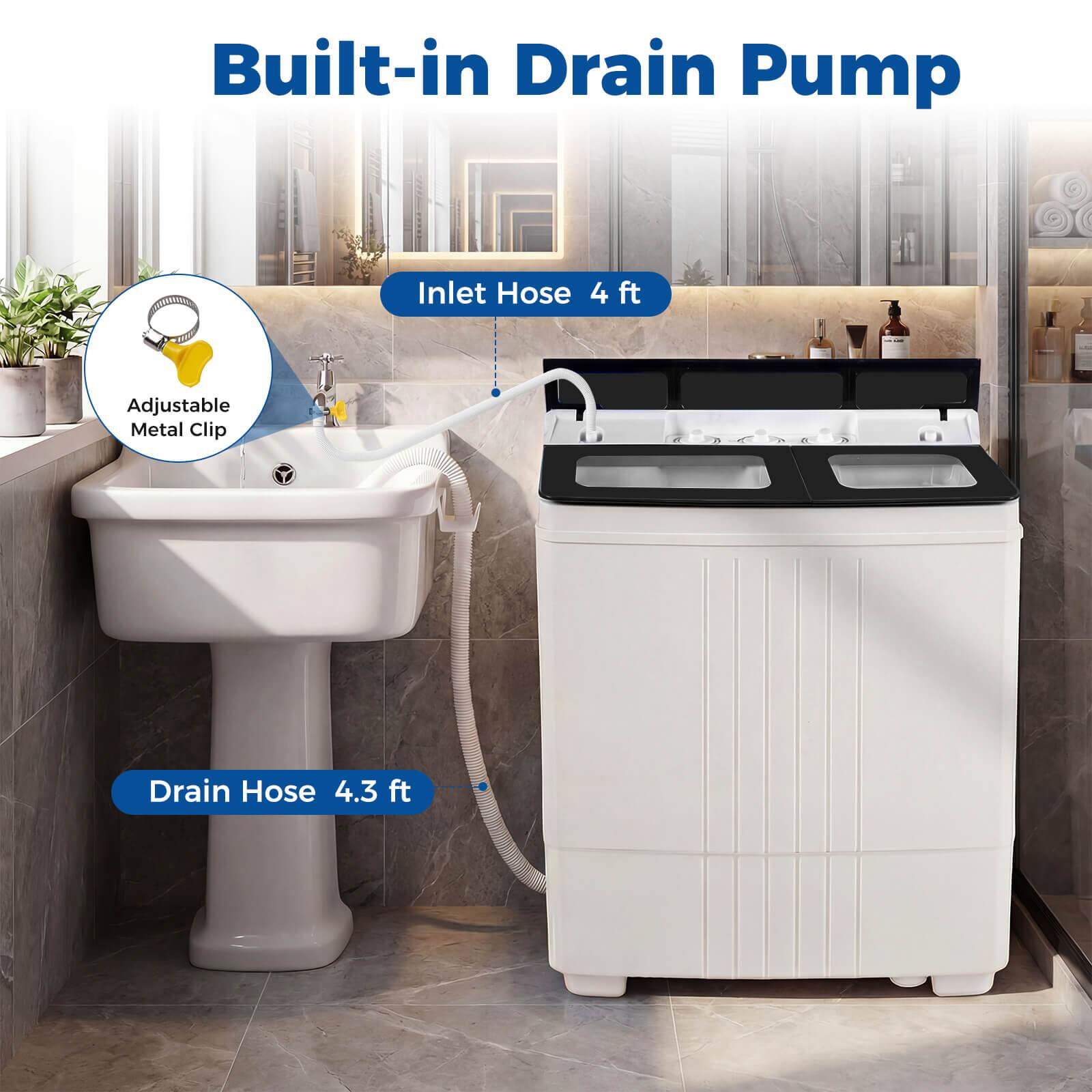 Built-in Drain Pump  
Inlet Hose 4 ft  
Adjustable Metal Clip  
Drain Hose 4.3 ft