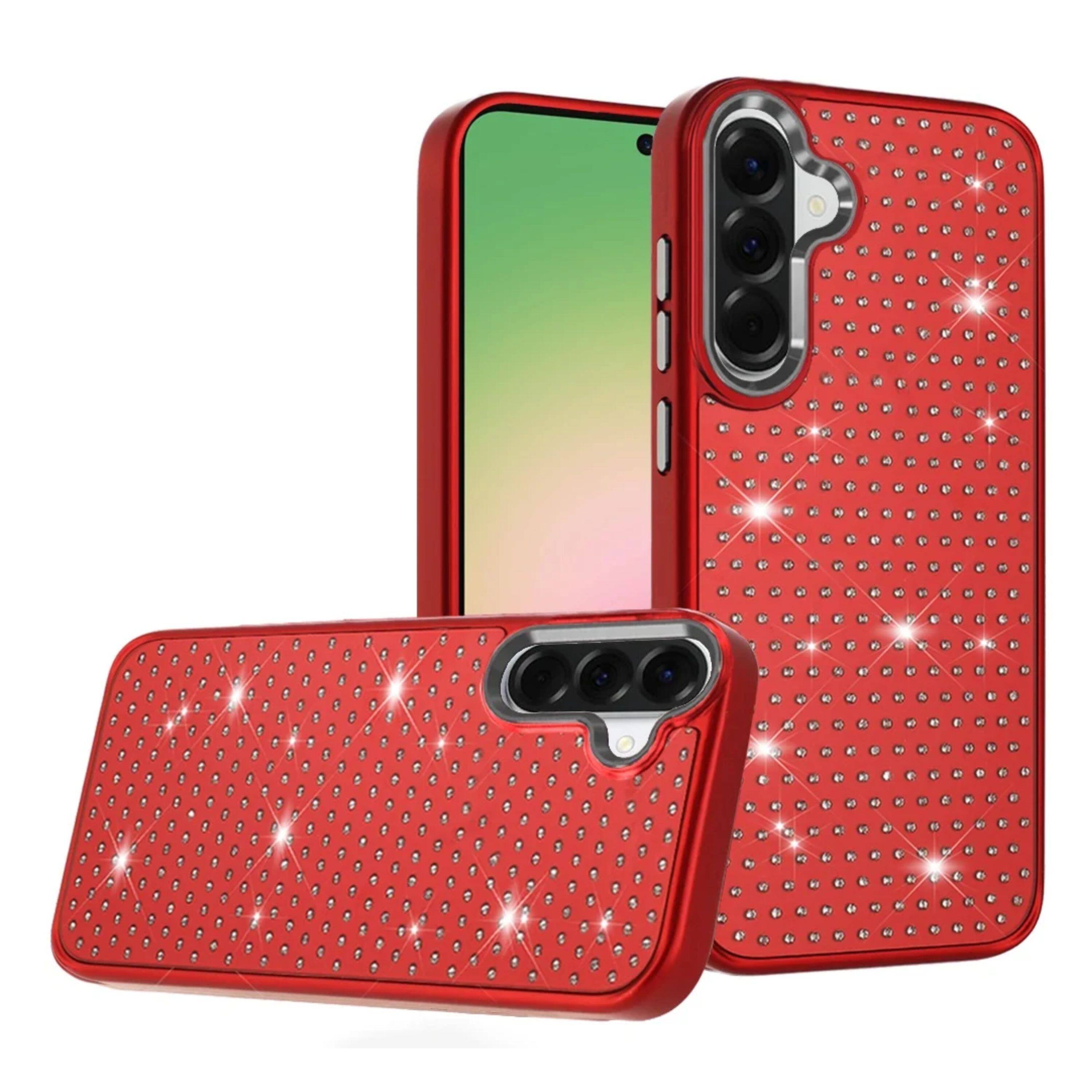 Angle. Kitcheniva - Faux Crystals Chrome Plated Cover Phone Case With Tempered Glass For Samsung Galaxy A57 5G Red - Red.