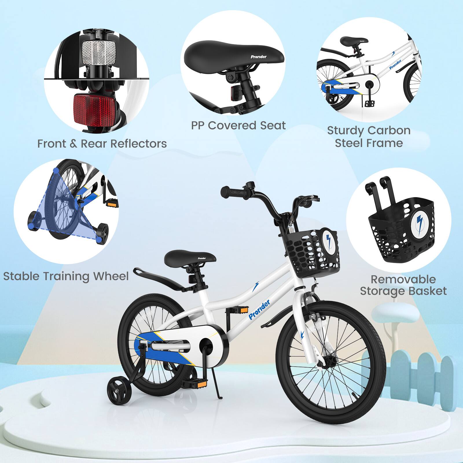 - Front & Rear Reflectors
- PP Covered Seat
- Sturdy Carbon Steel Frame
- Stable Training Wheel
- Removable Storage Basket