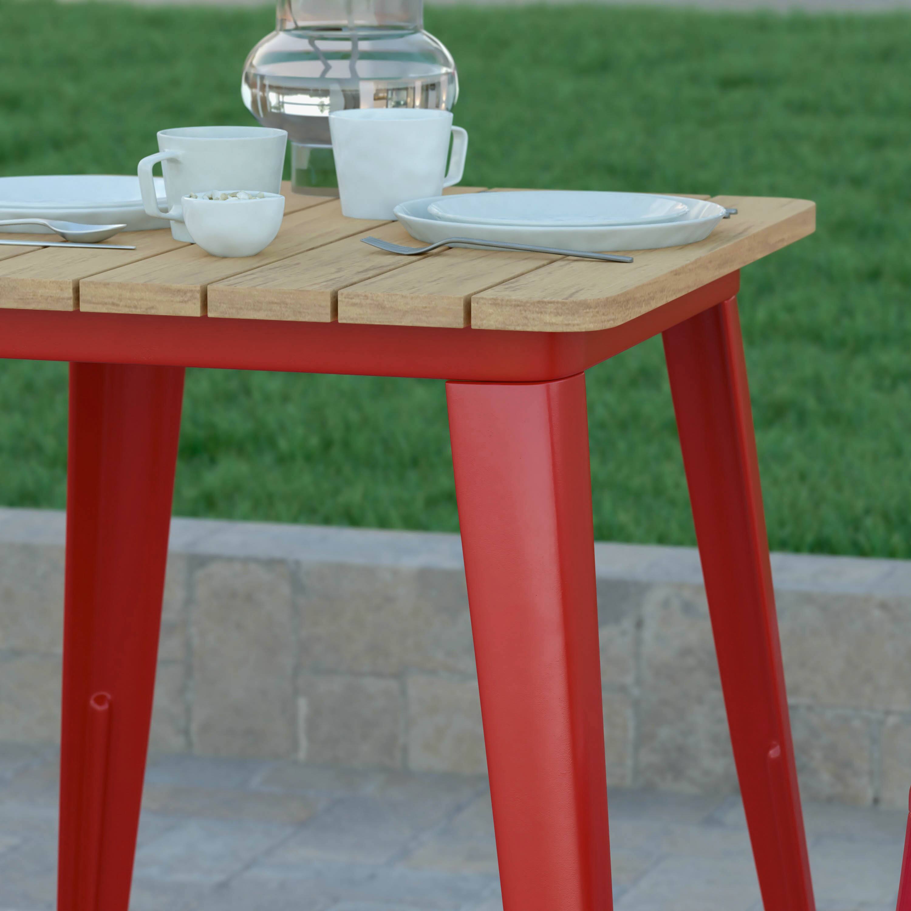 Alt View 4. Emma + Oliver - Drew Indoor/Outdoor Dining Table, 23.75" Square All Weather Poly Resin Top with Steel Base - Brown Top/Red Frame.