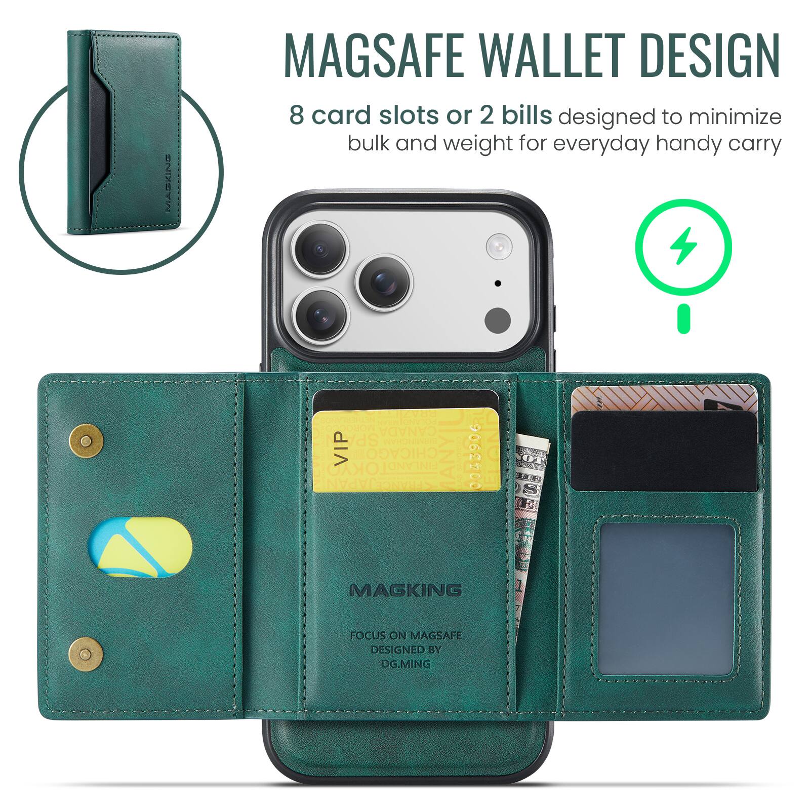 NHS! MAGSAFE WALLET DESIGN  
8 card slots or 2 bills designed to minimize bulk and weight for everyday handy carry  
WNENTIO MONO CANADA SPA IYRONNGR VIP CHICAGO FINLANDI OKYO APAN STRANCE  
0043906 5 3 FLOND  
MAGKING FOCUS ON MAGSAFE  
DESIGNED BY DG.MING