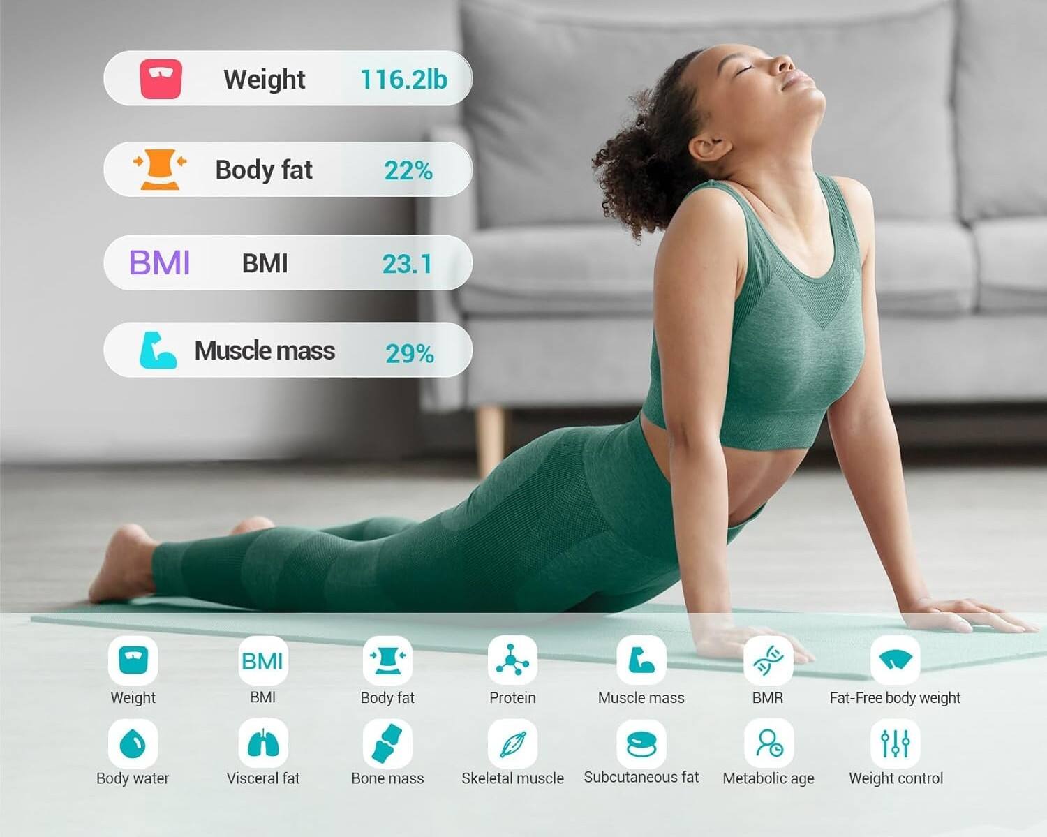 - Weight: 116.2lb
- Body fat: 22%
- BMI: 23.1
- Muscle mass: 29%

Additional metrics:
- BMI
- Body water
- Visceral fat
- Bone mass
- Skeletal muscle
- Subcutaneous fat
- BMR
- Fat-Free body weight
- Metabolic age
- Weight control