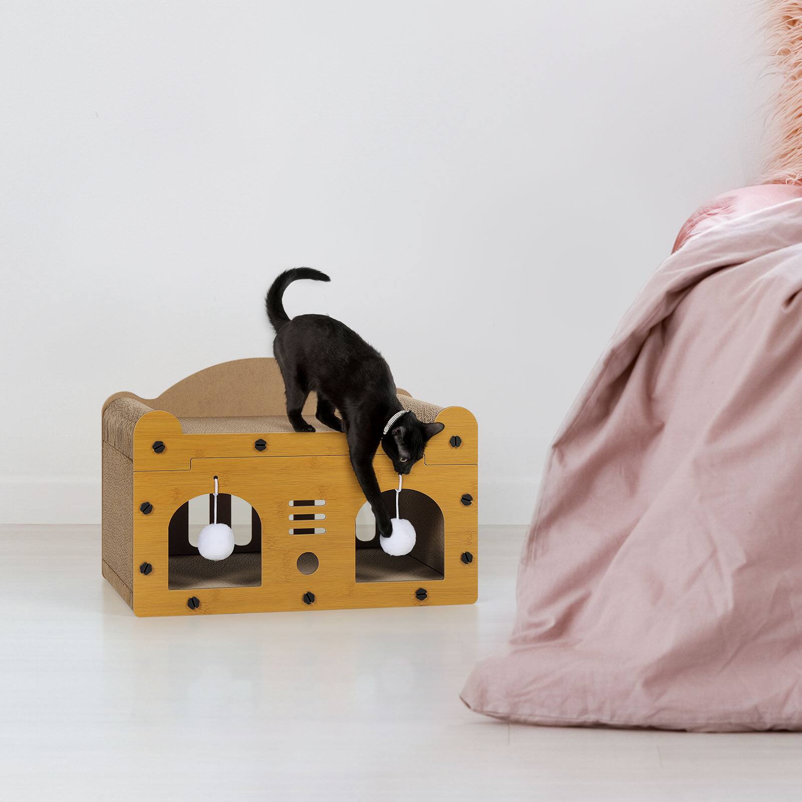 Alt View 1. Oumilen - Cat House with Scratcher | 2-in-1 Cat Bed Cave with Ball Toys, Cardboard Cat Scratcher House for Indoor Cats.