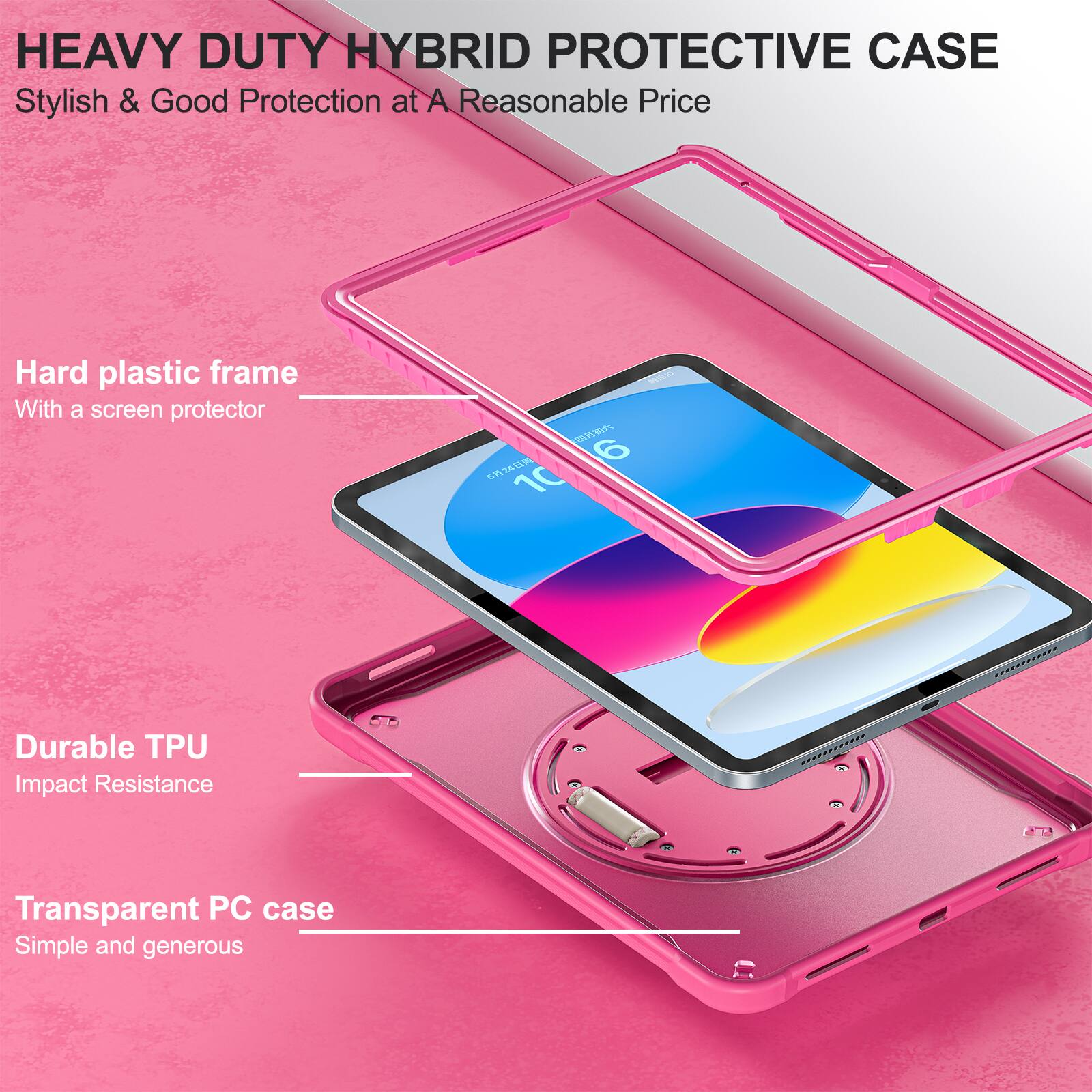 HEAVY DUTY HYBRID PROTECTIVE CASE  
Stylish & Good Protection at A Reasonable Price  

Hard plastic frame  
With a screen protector  

Durable TPU  
Impact Resistance  

Transparent PC case  
Simple and generous