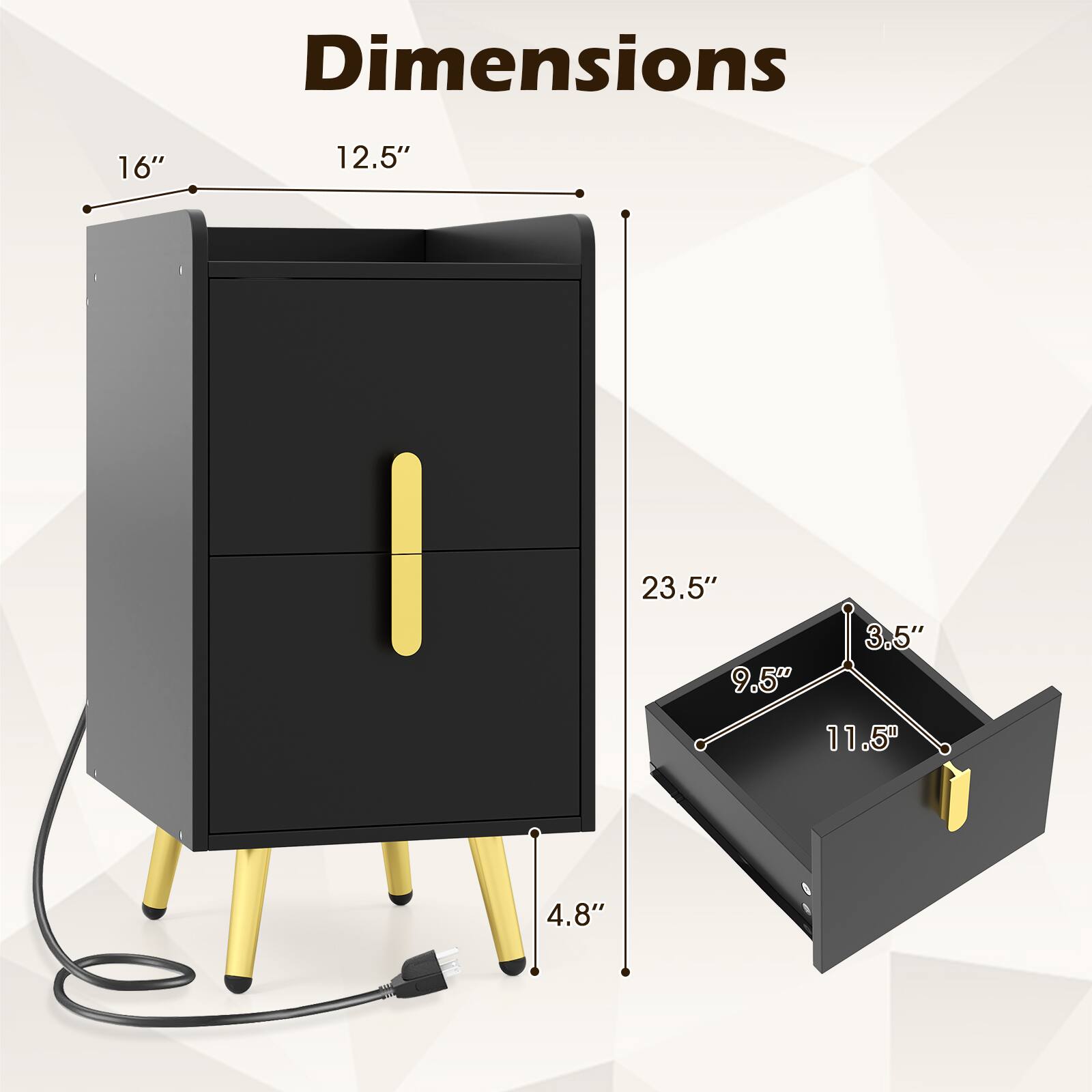 Dimensions: 16" (height), 12.5" (width), 23.5" (depth), 9.5" (internal width), 3.5" (internal depth), 11.5" (internal height), 4.8" (leg height).