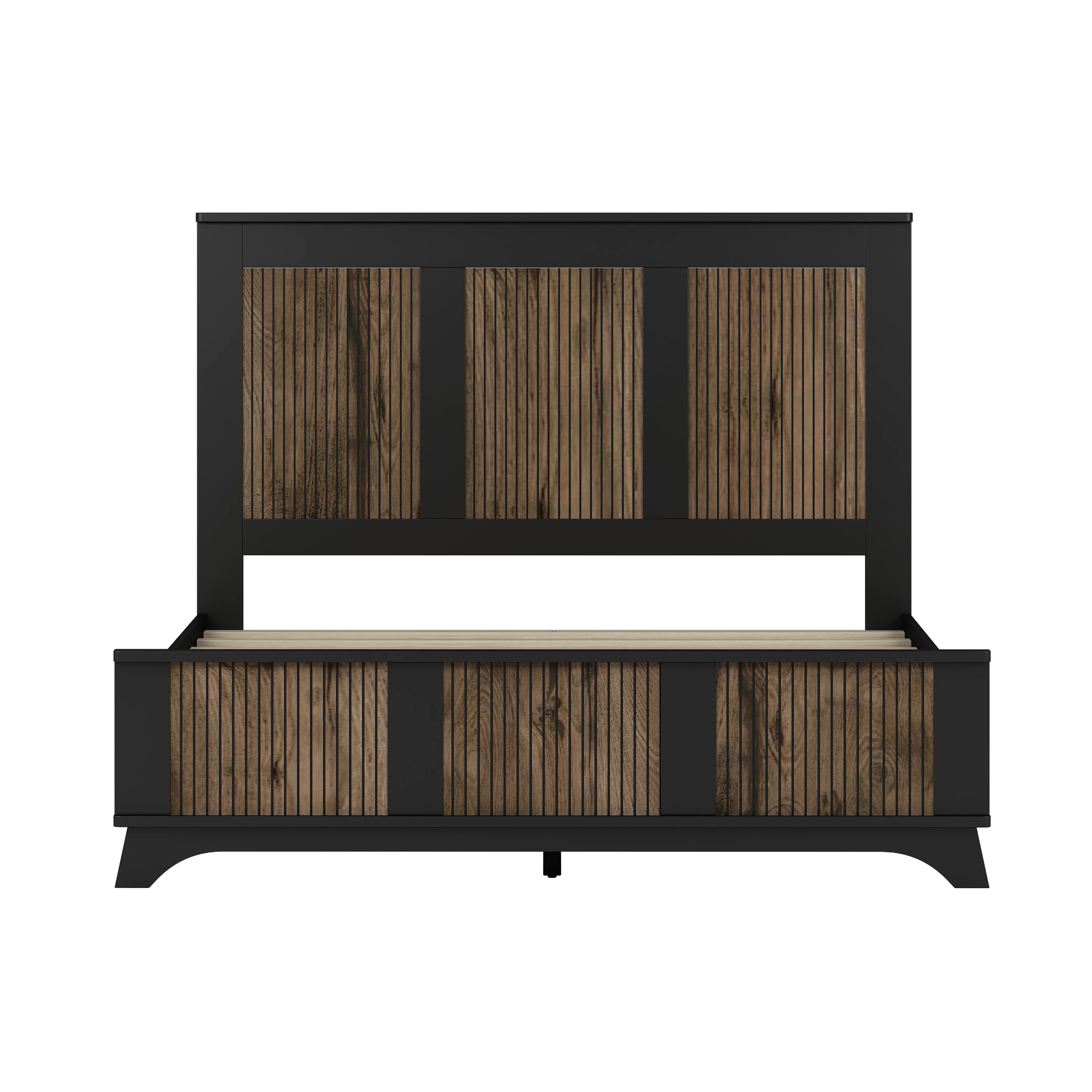 Left. Tiramisubest - Wooden Platform Queen Size Bed, Modern Platform Bed with Wooden Strip Stickers Decoration, Plywood Slats Support, Black - Black.