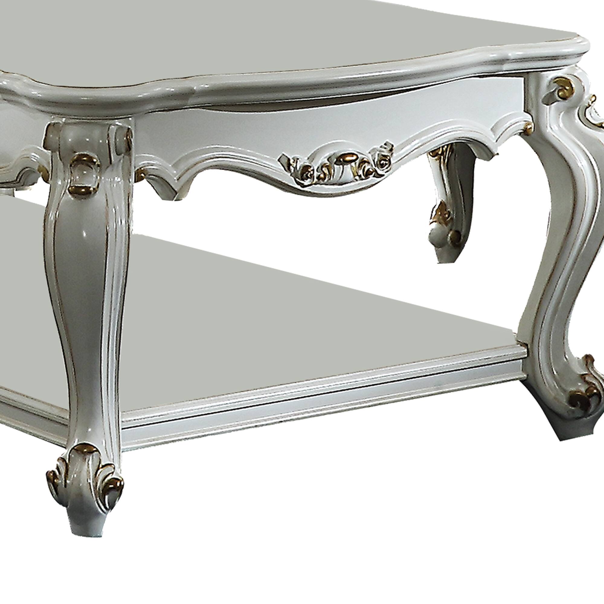 Alt View 1. Manhattan Lane - Traditional Style Wooden Coffee Table with Polyresin Carvings and Bottom Shelf - White.