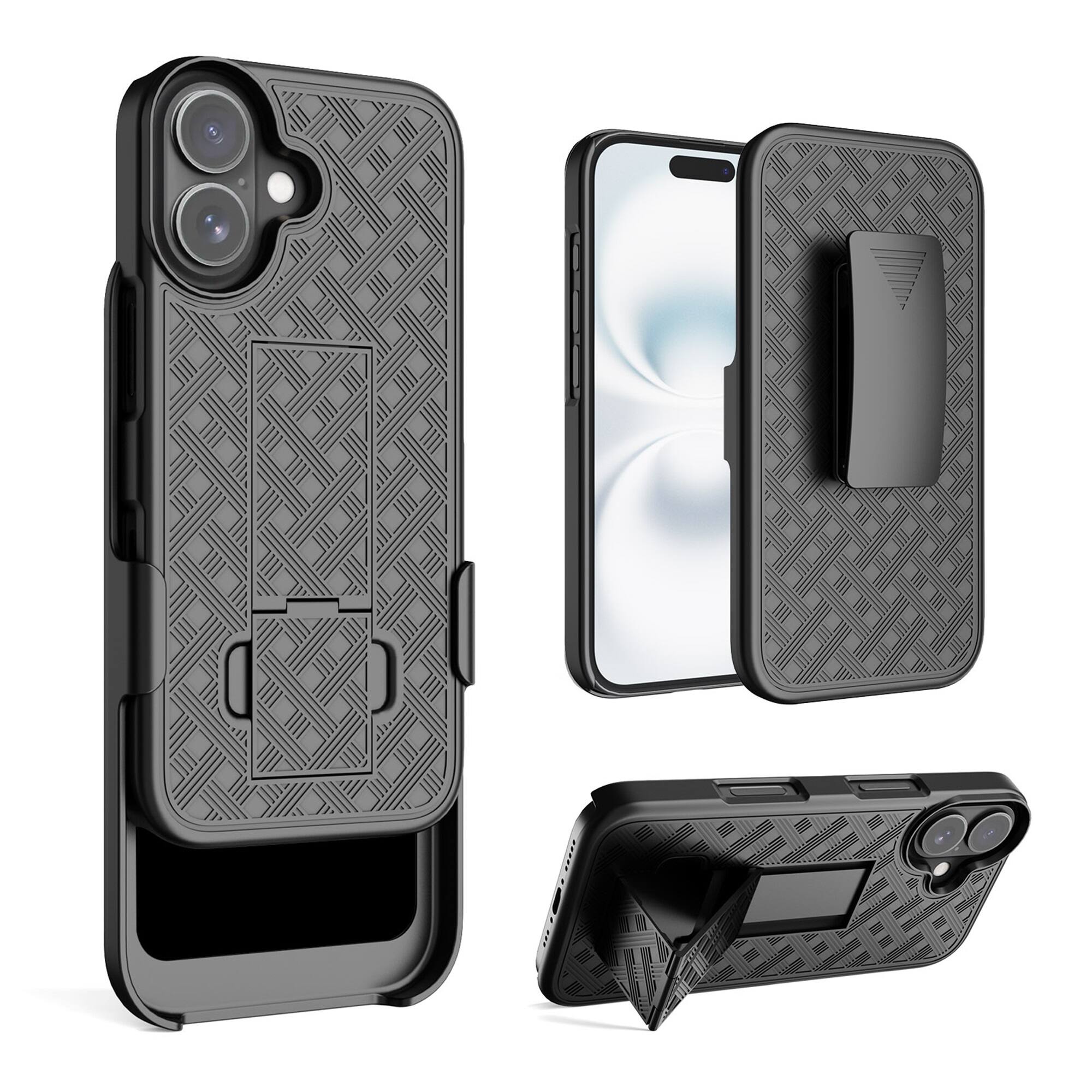 Left. Dteck - for Apple iPhone 17 Rugged Case Shockproof Foldable Kickstand Full Protection Cover With Belt Clip Holster - Black.
