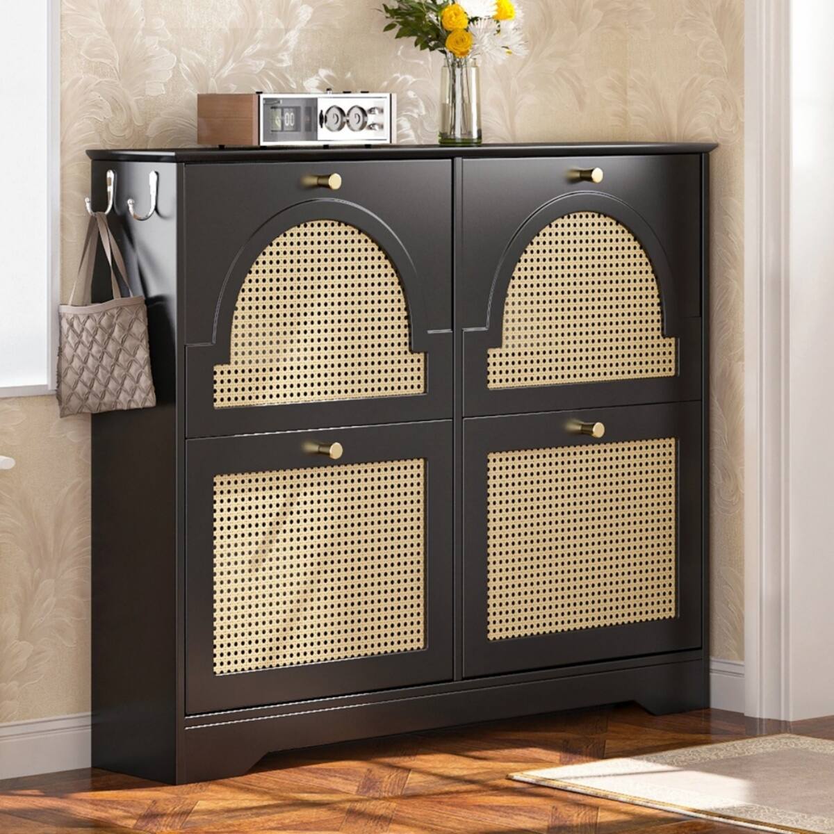 Angle. HTUTWOO - Shoe Cabinet with 4 Rattan Doors & Anti-Tip Design - Entryway Freestanding Shoe Storage for Hallway, Living Room - Black.