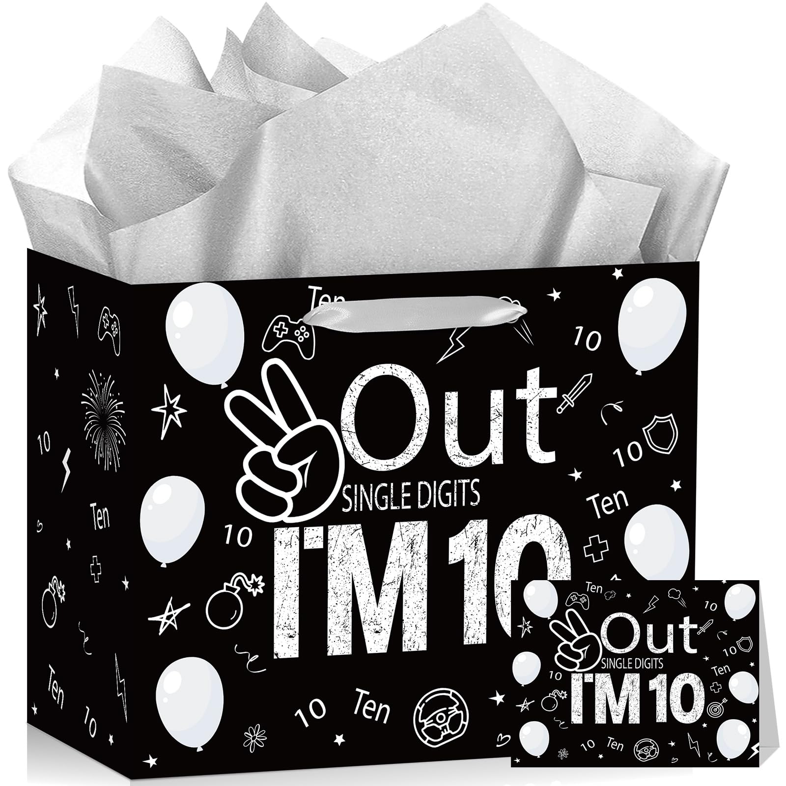 Paradigms Interiors - 13th Birthday Gift Bag For Teenager Happy Party Bags With Wrapping Paper Greeting Card Black White Bday Dec - 10th Birthday Gift Bag