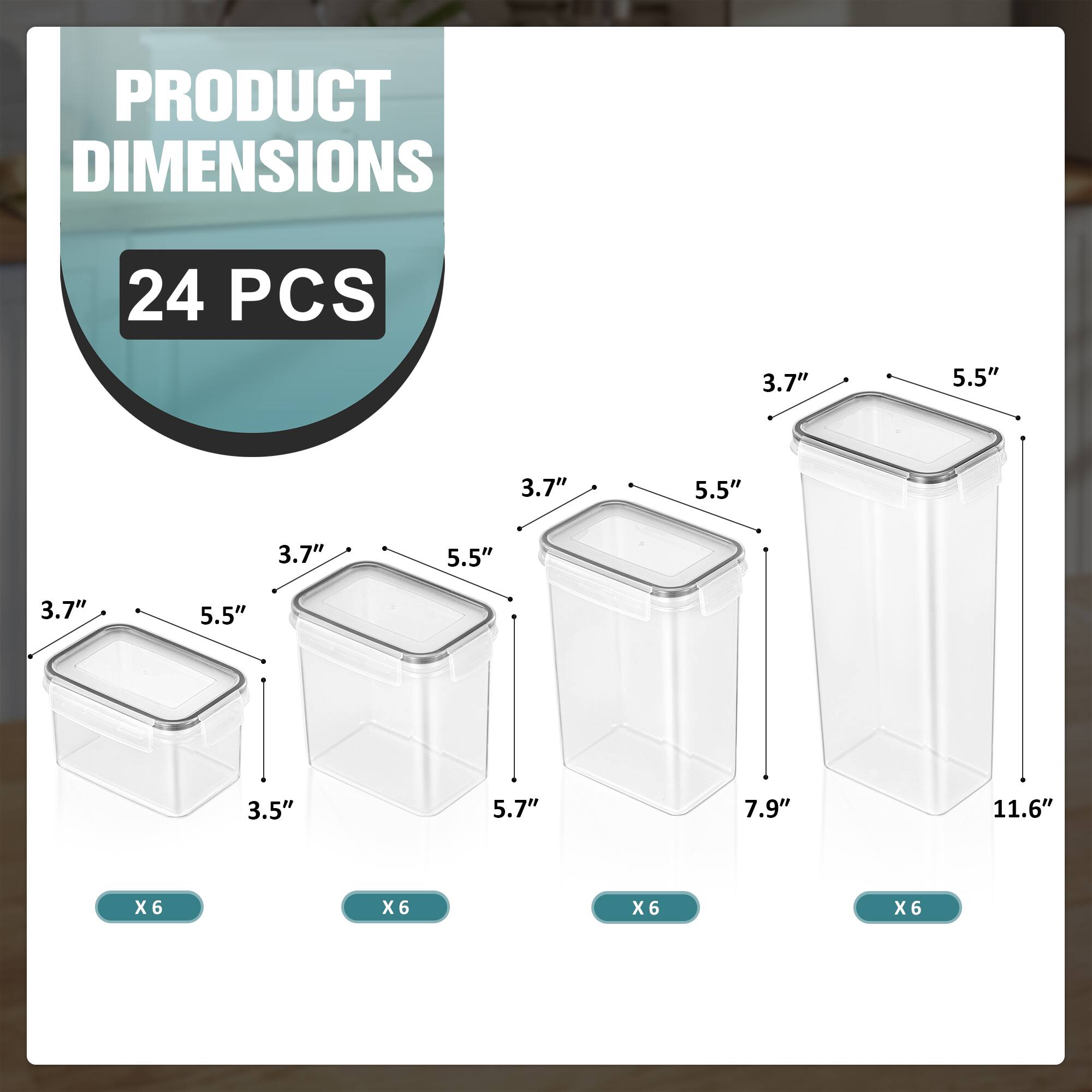 PRODUCT DIMENSIONS  
24 PCS  

- 3.7" x 5.5" x 3.5" (X6)  
- 3.7" x 5.5" x 5.7" (X6)  
- 3.7" x 5.5" x 7.9" (X6)  
- 3.7" x 5.5" x 11.6" (X6)