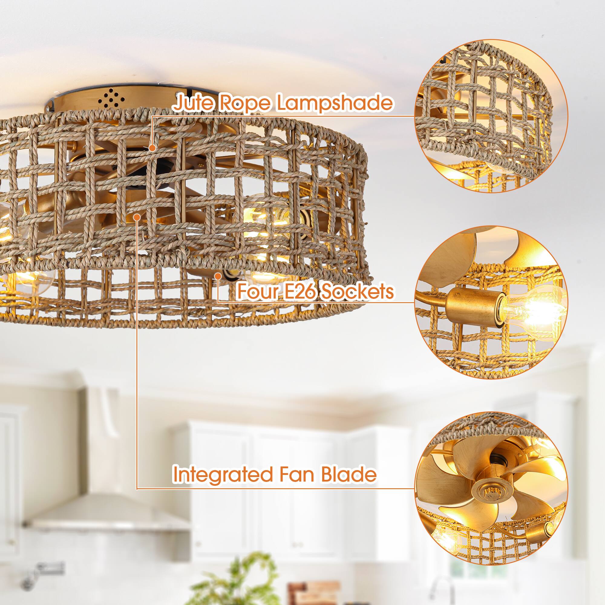 Jute Rope Lampshade  
Four E26 Sockets  
Integrated Fan Blade