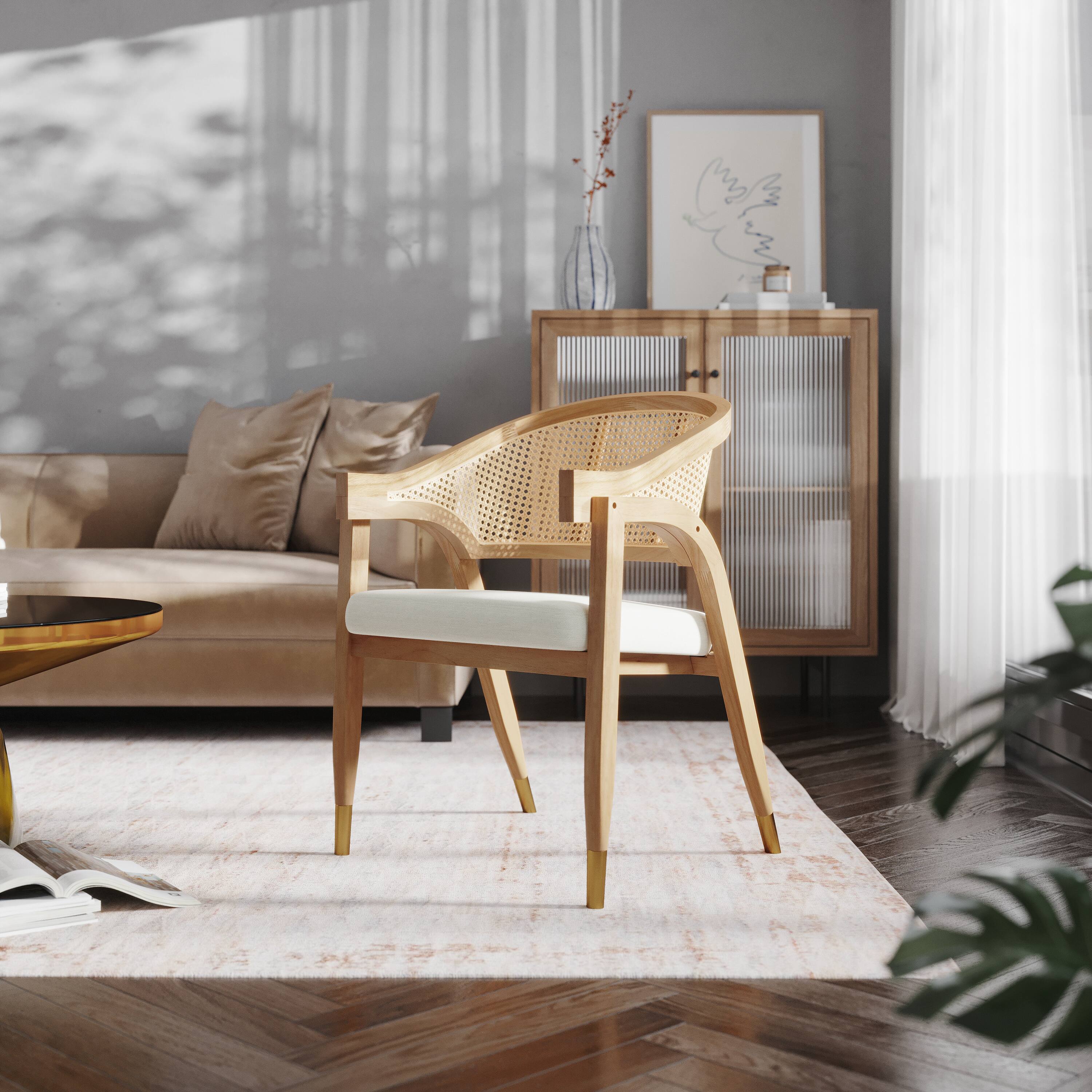 Alt View 1. Emma + Oliver - Willa Cane Rattan Dining or Accent Chair with Solid Wood Frame, Woven Backrest and Cushioned Seat - Natural.