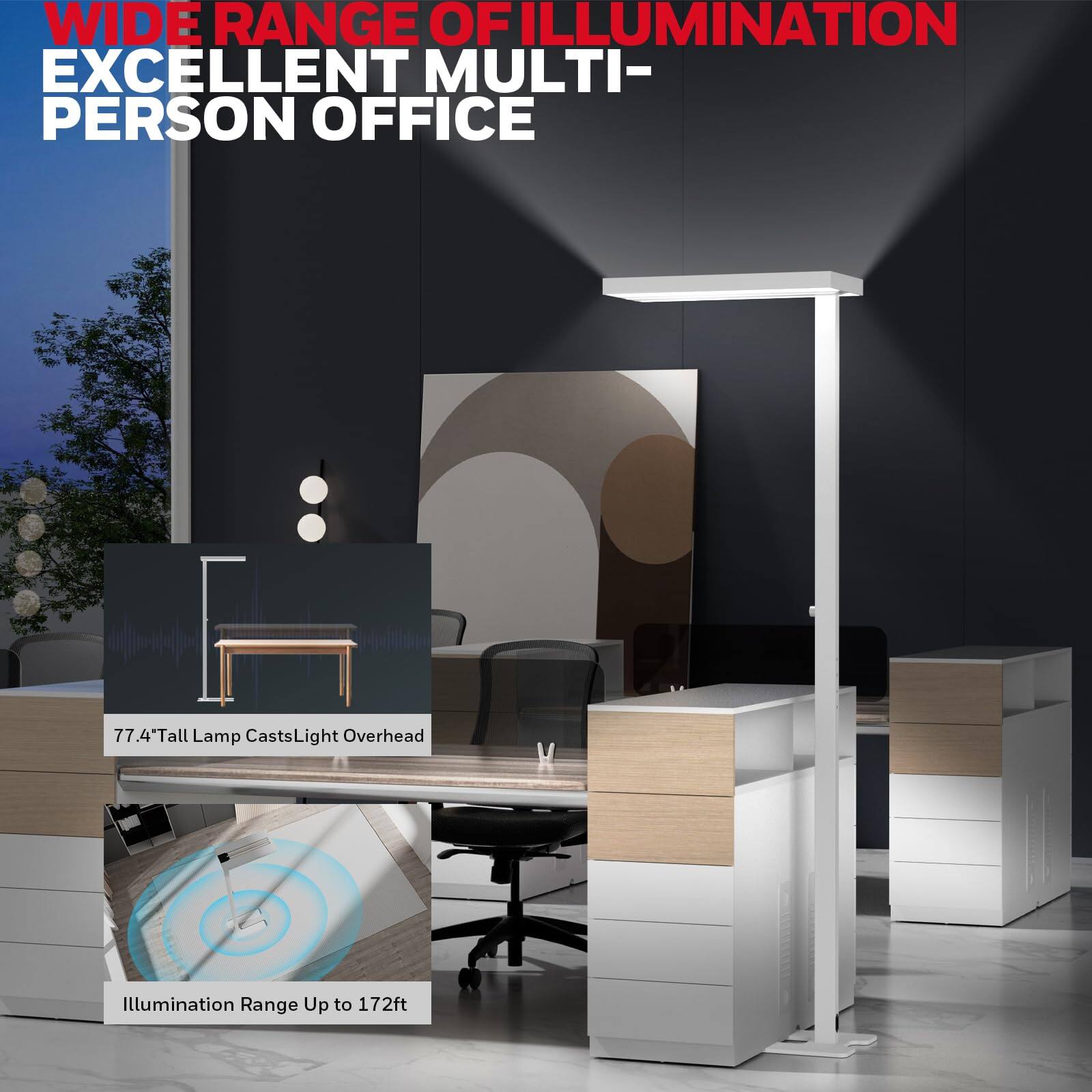 WIDE RANGE OF ILLUMINATION  
EXCELLENT MULTI-PERSON OFFICE  
77.4" Tall Lamp Casts Light Overhead  
Illumination Range Up to 172ft