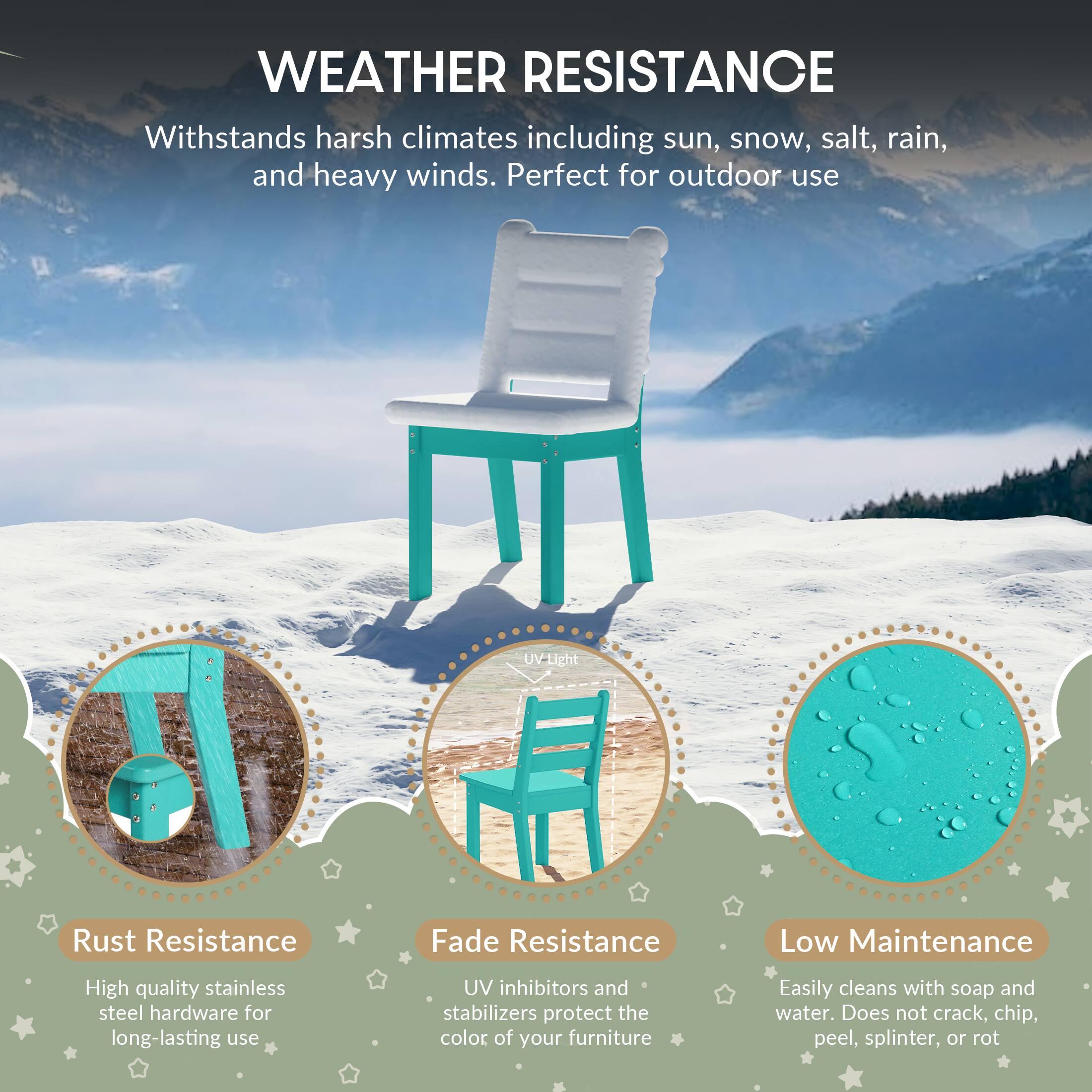 WEATHER RESISTANCE

Withstands harsh climates including sun, snow, salt, rain, and heavy winds. Perfect for outdoor use

UV-Light
Rust Resistance
Fade Resistance
Low Maintenance

High quality stainless steel hardware for long-lasting use
UV inhibitors and stabilizers protect the color of your furniture
Easily cleans with soap and water. Does not crack, chip, peel, splinter, or rot