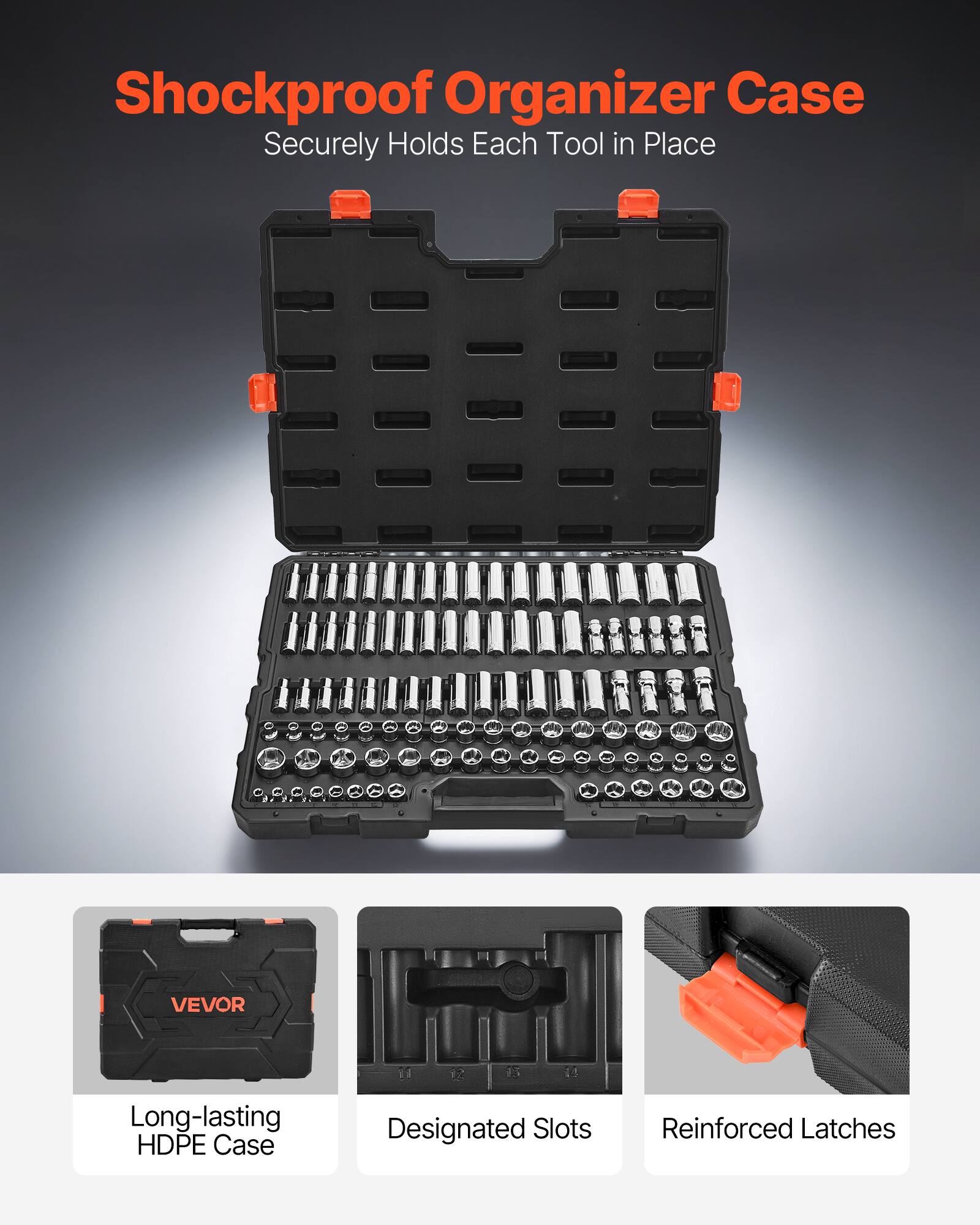 Shockproof Organizer Case  
Securely Holds Each Tool in Place  

- Long-lasting HDPE Case  
- Designated Slots  
- Reinforced Latches