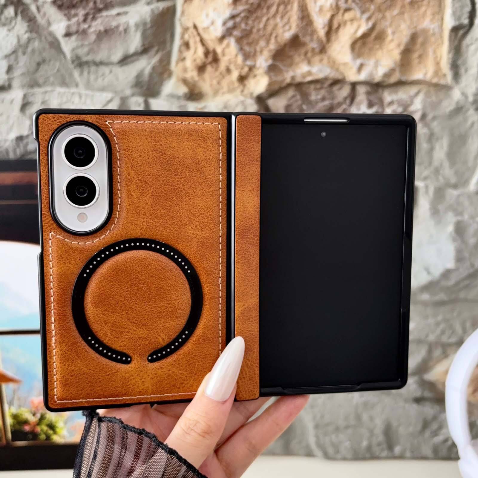 Front. Dteck - Shockproof Magnetic Phone Case for Samsung Galaxy Z Fold8, Rigid Plastic Faux Leather Hinge Cover, Raised Lip Protection - Khaki.