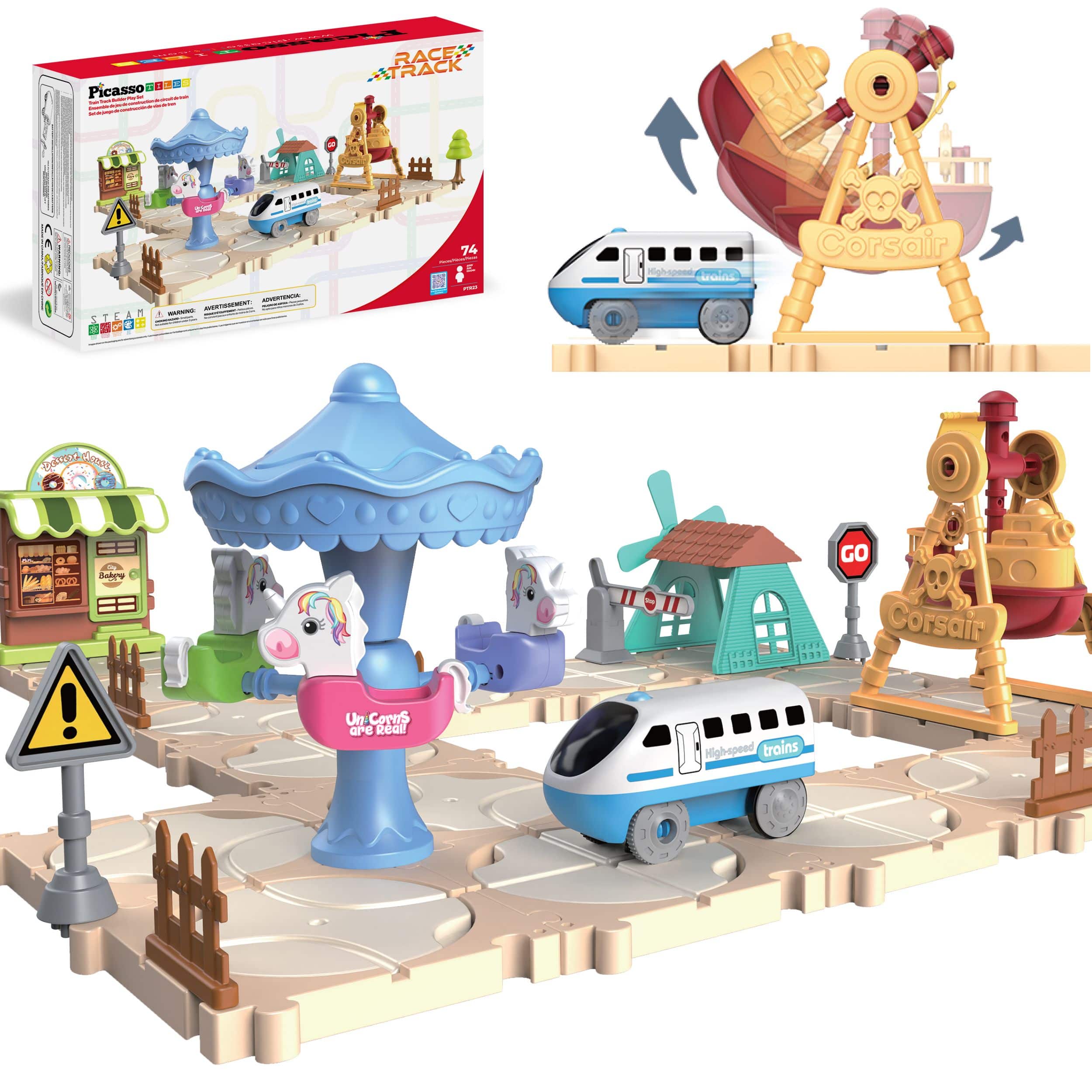 PicassoTiles - 74PC Train Track Builder Set – Rotating Engineering Racetrack with Vehicle & Accessories STEM Construction Toy for Kids