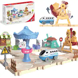 PicassoTiles - 74PC Train Track Builder Set – Rotating Engineering Racetrack with Vehicle & Accessories STEM Construction Toy for Kids