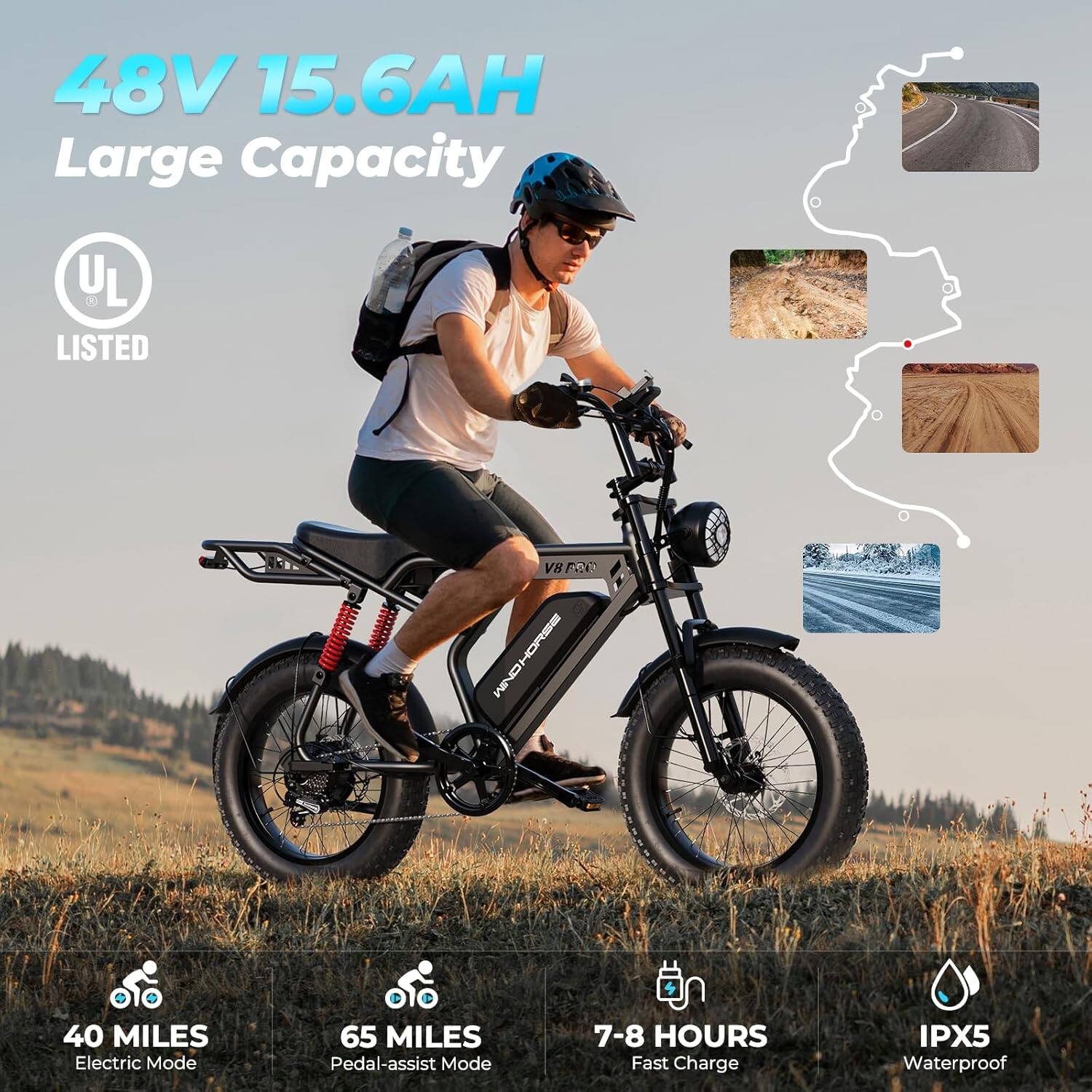 48V 15.6AH Large Capacity  
UL LISTED  

40 MILES Electric Mode  
65 MILES Pedal-assist Mode  
7-8 HOURS Fast Charge  
IPX5 Waterproof