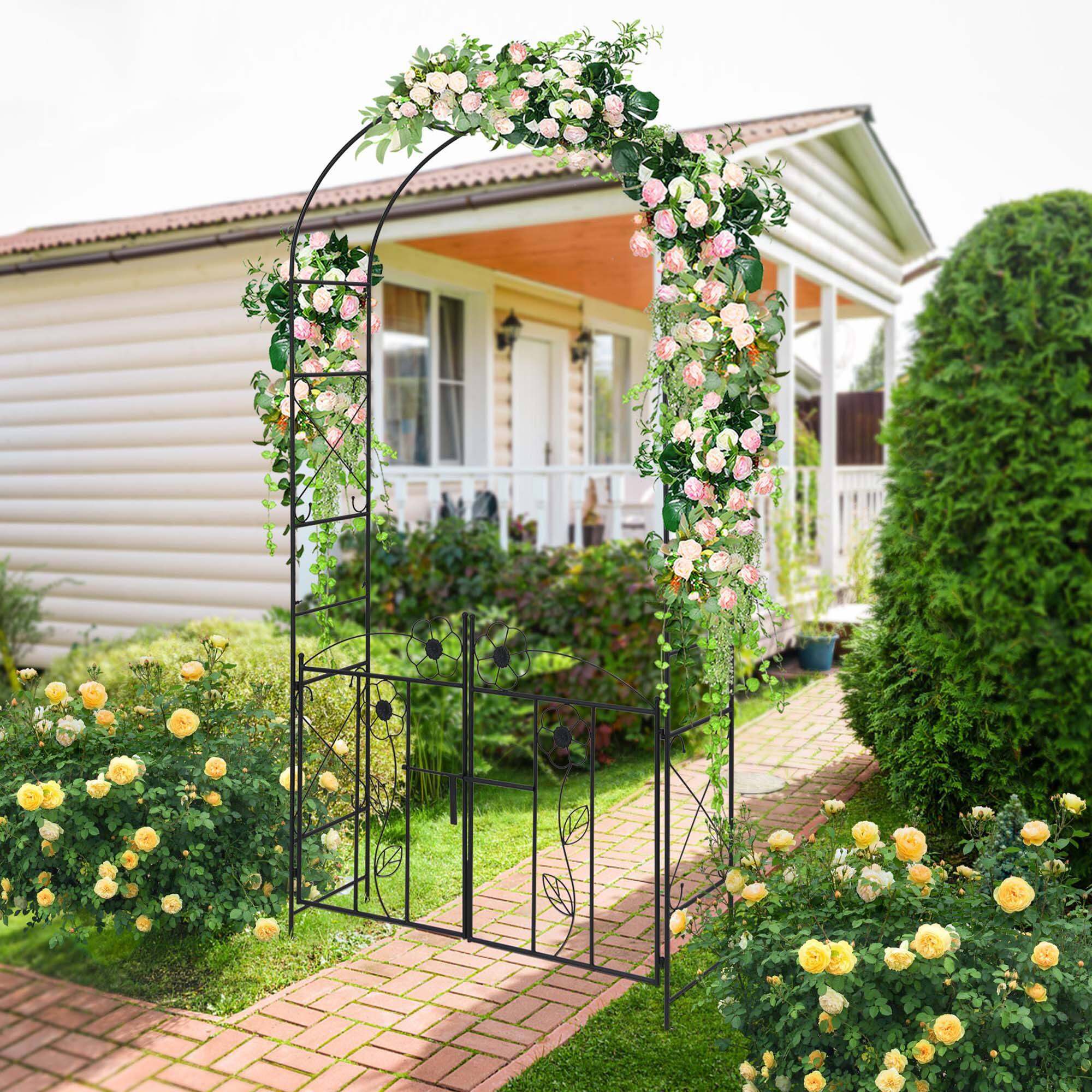Alt View 2. Costway - 2 in 1 Garden Arbor Decorative Wedding Arch with Door & Latch for Climbing Plants - Black.