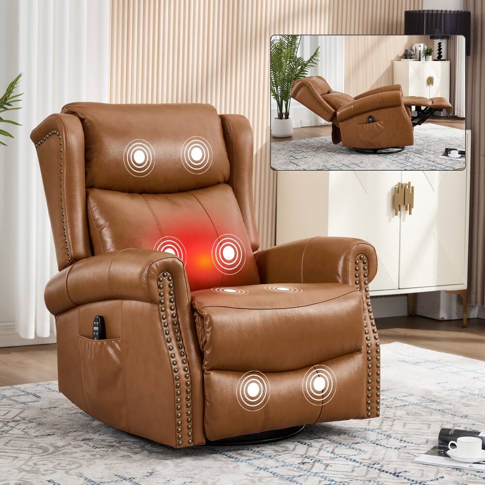 Angle. Ropilly - Ropilly yellow genuine leather recliner, swivel rocker massage chair with lumbar heat - Yellow.