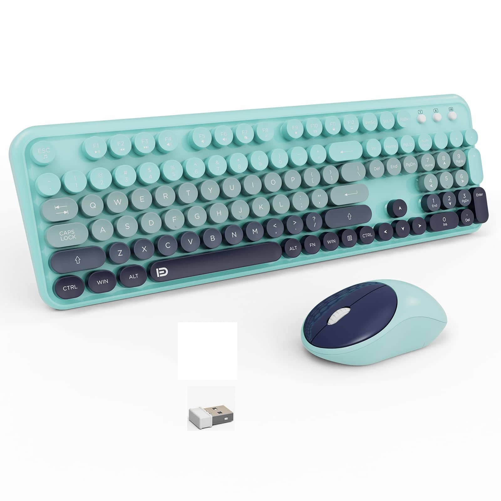 PO3TICJUNKI3 - And Mouse Wireless Retro Typewriter Style Round Keycap Full Size Combo Cute Cordless Set For Pc Laptop Desk - Blue Black Wireless Keyboard Mouse