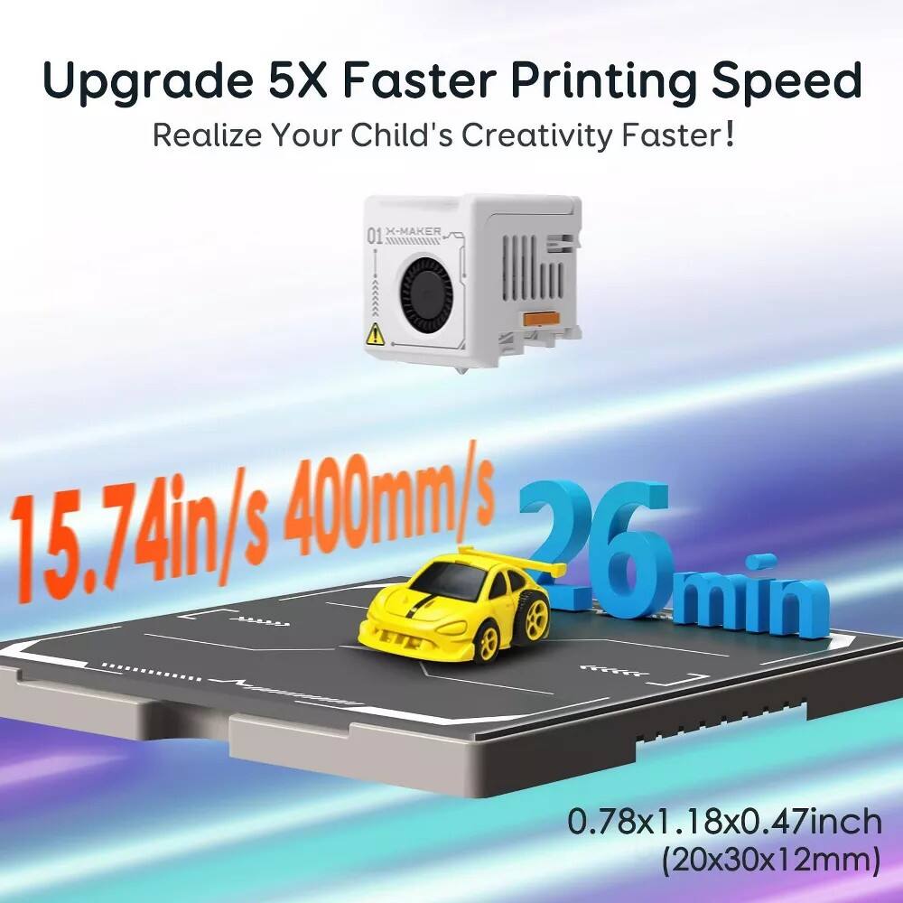 Upgrade 5X Faster Printing Speed  
Realize Your Child's Creativity Faster!  

X-MAKER 01  

15.74in/s 400mm/s  

26 min  

0.78x1.18x0.47 inch (20x30x12mm)