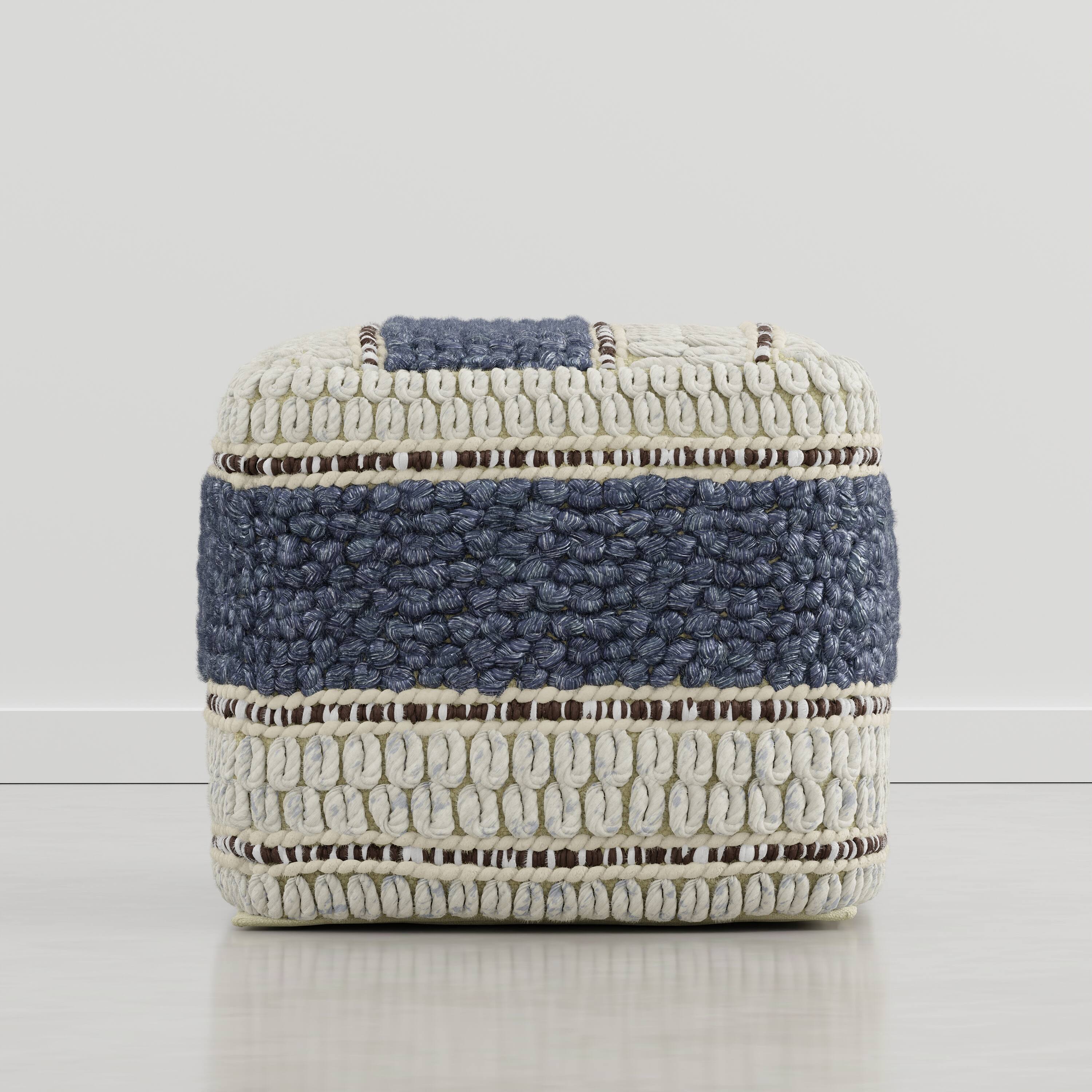 Left. Simpli Home - Grady 18 inch Wide Wool and Cotton Square Pouf Ottoman, Natural and Blue Stripe - Natural/Blue Stripe.