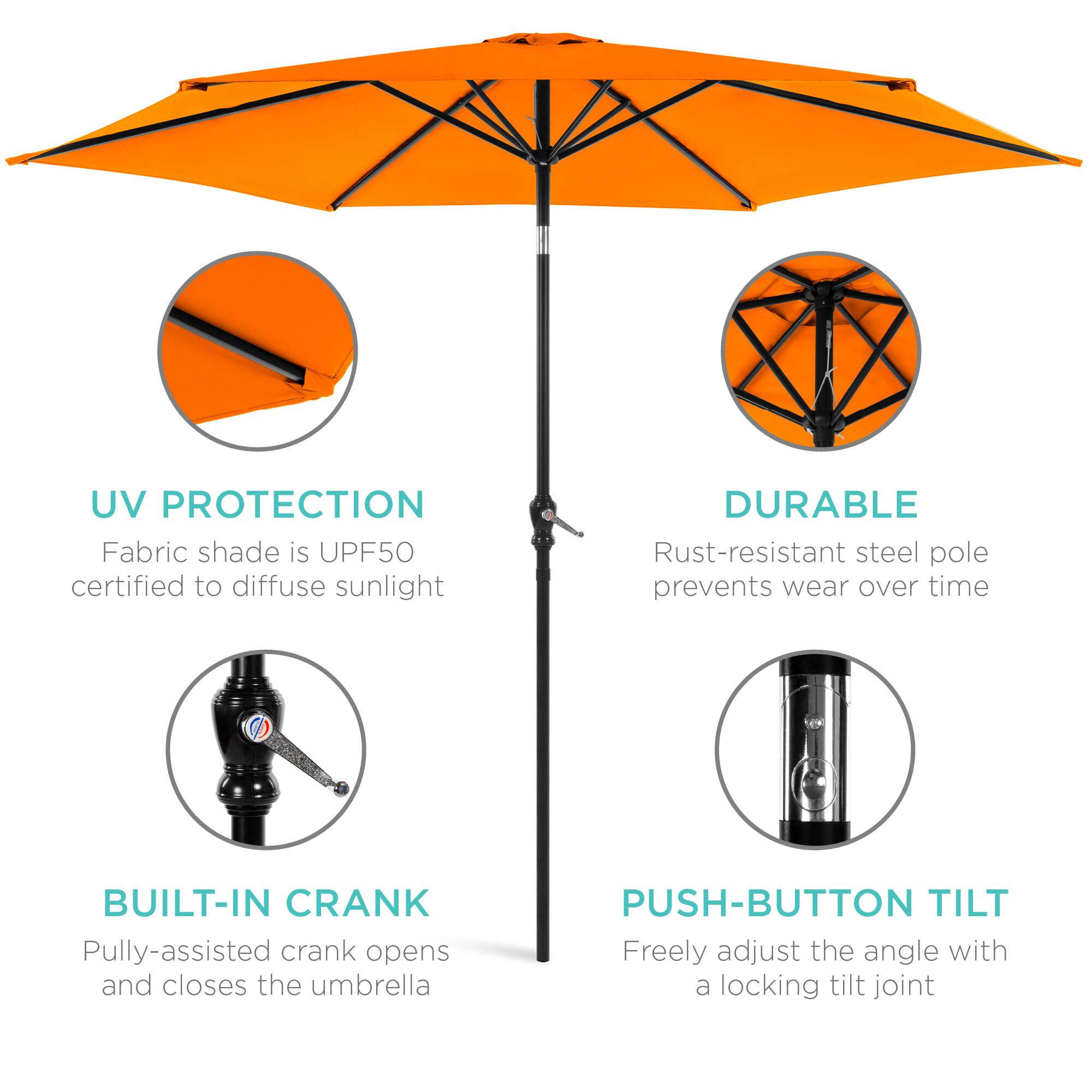 - **UV PROTECTION**  
  Fabric shade is UPF50 certified to diffuse sunlight

- **DURABLE**  
  Rust-resistant steel pole prevents wear over time

- **BUILT-IN CRANK**  
  Pulley-assisted crank opens and closes the umbrella

- **PUSH-BUTTON TILT**  
  Freely adjust the angle with a locking tilt joint