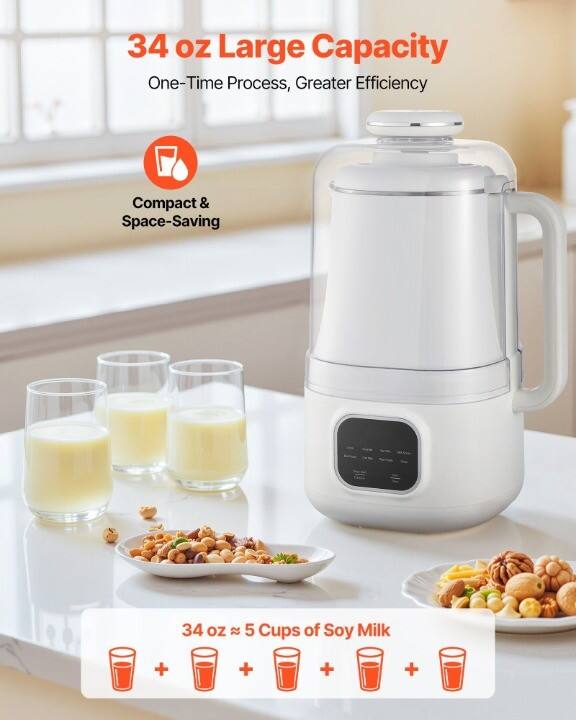 34 oz Large Capacity  
One-Time Process, Greater Efficiency  
Compact & Space-Saving  

34 oz ≈ 5 Cups of Soy Milk