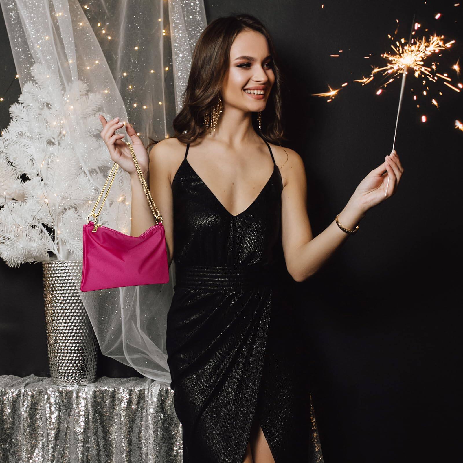 Alt View 3. Fabibe - Women Satin Evening Handbag Wedding Prom Clutch Purse Formal Cocktail Party Clutches Shoulder Bag With 2 Chains - Champagne Satin.