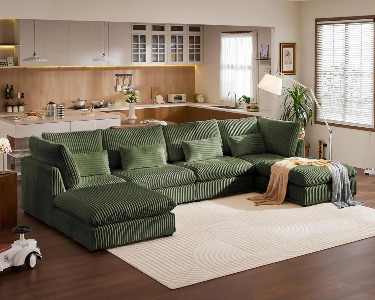 Angle. Yardgrace - 154" Oversized Corduroy Couch Modular Sectional Sofa，6 Seater Sectional Couches for Living Room, Fully Cover Removable - Green.