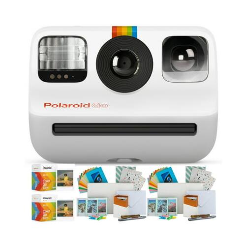Polaroid Polaroid Color Go is a camera that comes with a variety of accessories, including a strap, a lens cap, and a set of cards. The camera is white and features a colorful strip on the front. It is designed for instant photography and is ideal for capturing memories and moments.