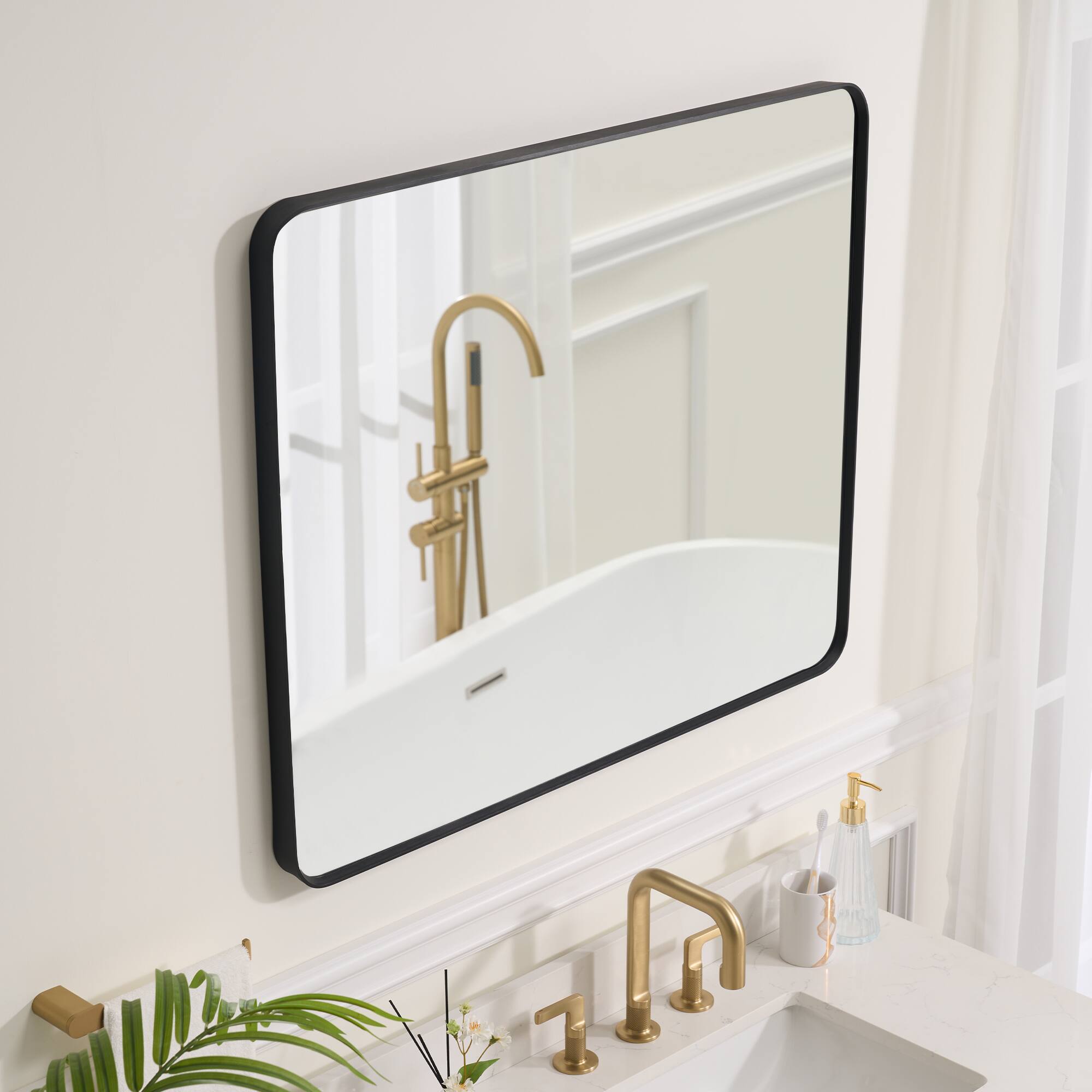 Back. WELLFOR - 30 in. W x 36 in. H Rectangular Aluminum Framed Wall-Mounted Bathroom Vanity Mirror - Matte Black.