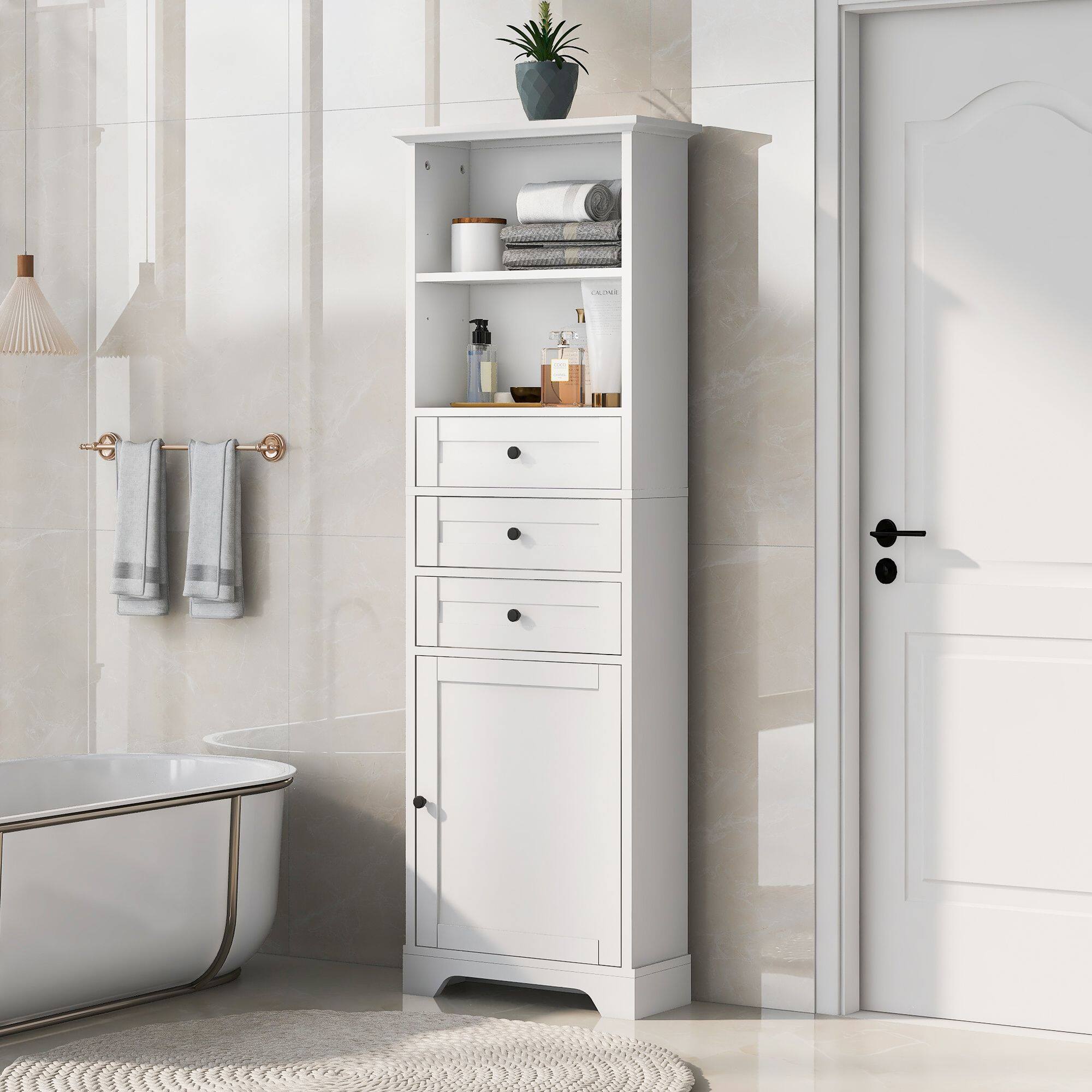 Angle. Mirfee - White Tall Storage Cabinet with 3 Drawers, Adjustable Shelves, MDF, for Bathroom Office - White.