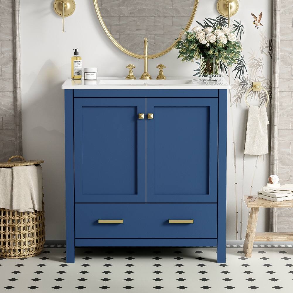 Left. Loheer - Loheer 30 inch Blue Bathroom Vanity with Single Sink, Solid Wood Frame Freestanding Cabinet - Blue.