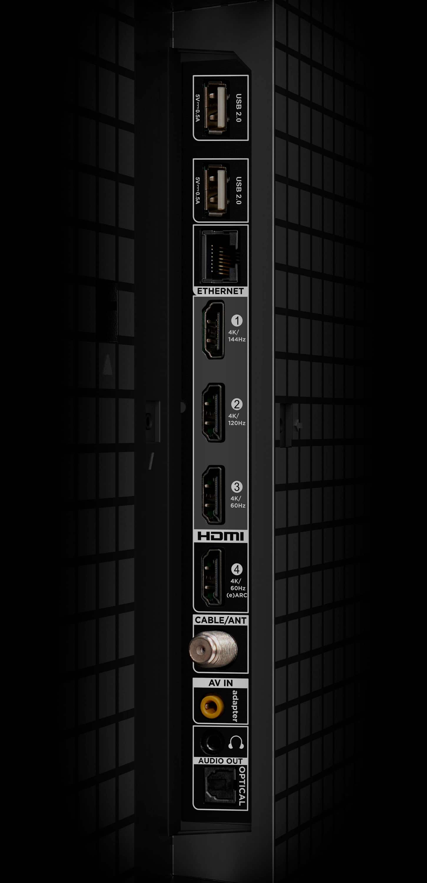 The text on the image reads:
SV-0.5A USB 2.0 i USB 2.0 ........ ETHERNET 1 4K/ 144Hz 2 4K/ 120Hz 3 4K/ 60Hz HDMI 4 4K/ 60Hz (e)ARC CABLE/ANT AV IN adapter AUDIO OUT OPTICAL
The corrected text should be:
SV-0.5A USB 2.0 i USB 2.0 ........ ETHERNET 1 4K/ 144Hz 2 4K/ 120Hz 3 4K/ 60Hz HDMI 4 4K/ 60Hz (e)ARC CABLE/ANT AV IN adapter AUDIO OUT OPTICAL