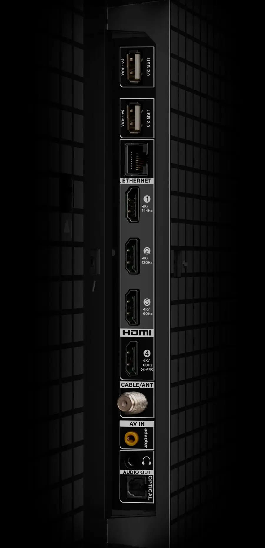 The text on the image reads:

SV-0.5A USB 2.0 i USB 2.0 ........ ETHERNET 1 4K/ 144Hz 2 4K/ 120Hz 3 4K/ 60Hz HDMI 4 4K/ 60Hz (e)ARC CABLE/ANT AV IN adapter AUDIO OUT OPTICAL

The corrected text should be:

SV-0.5A USB 2.0 i USB 2.0 ........ ETHERNET 1 4K/ 144Hz 2 4K/ 120Hz 3 4K/ 60Hz HDMI 4 4K/ 60Hz (e)ARC CABLE/ANT AV IN adapter AUDIO OUT OPTICAL