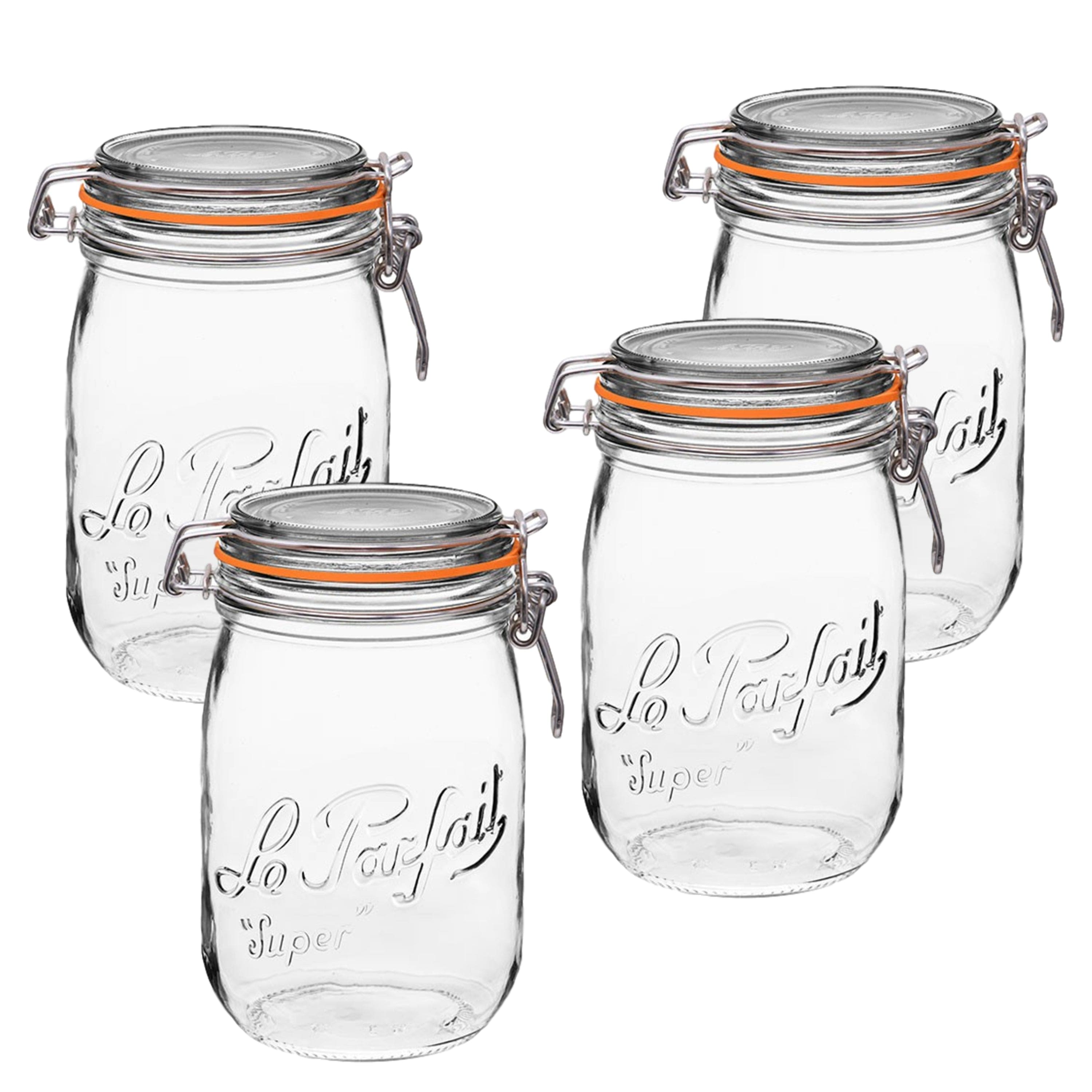 Le Parfait - Super Jar - 1L French Glass Canning Jar w/Round Body, Airtight Rubber Seal & Glass Lid, 32oz/Quart (Pack of 4)